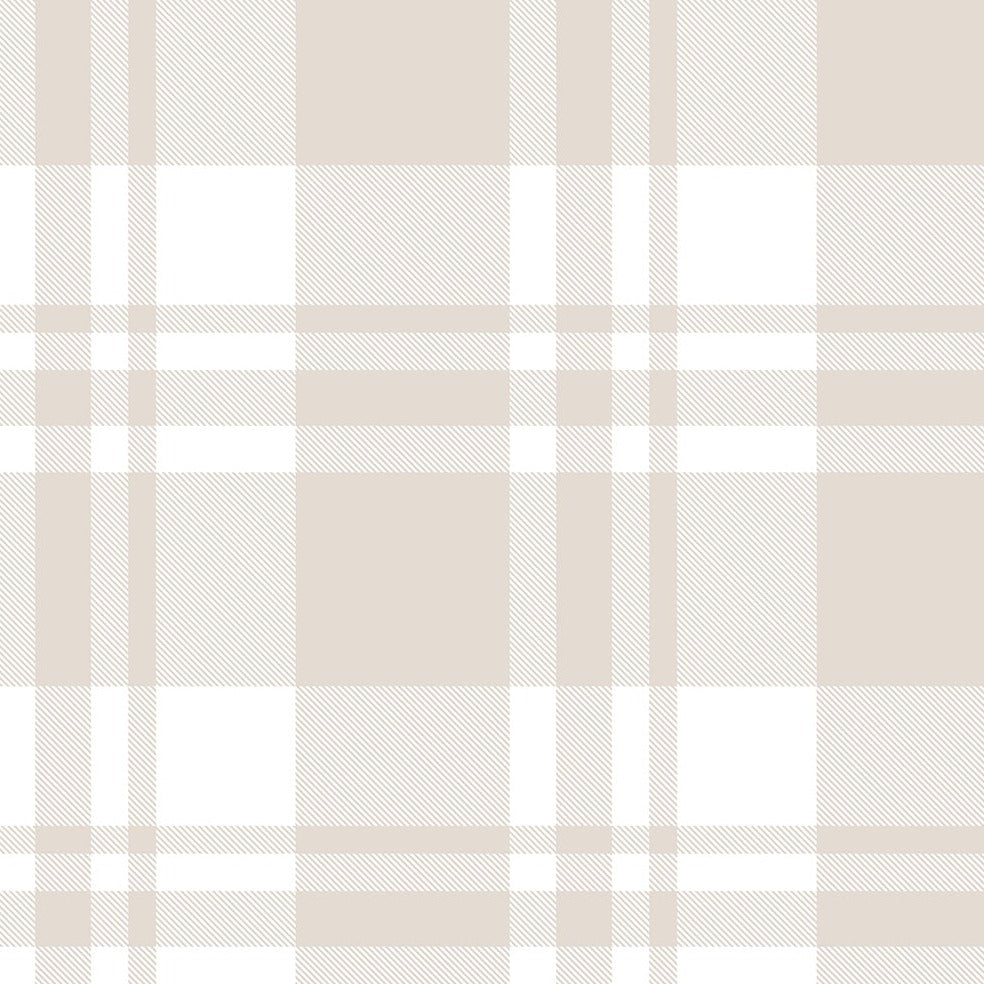 A detailed image showcasing the sophisticated pattern of the Plaid Wallpaper - Linen. The design features a classic plaid pattern in a palette of linen and beige tones, with a balanced arrangement of vertical and horizontal stripes that convey a timeless and cozy aesthetic suitable for a variety of interior spaces.