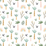 A vibrant and playful wallpaper pattern featuring a mix of tropical elements and whimsical designs, including green palm trees, soft pink rainbows, and abstract black spots. The design is set against a light cream background, creating a cheerful and inviting atmosphere perfect for a child's room.