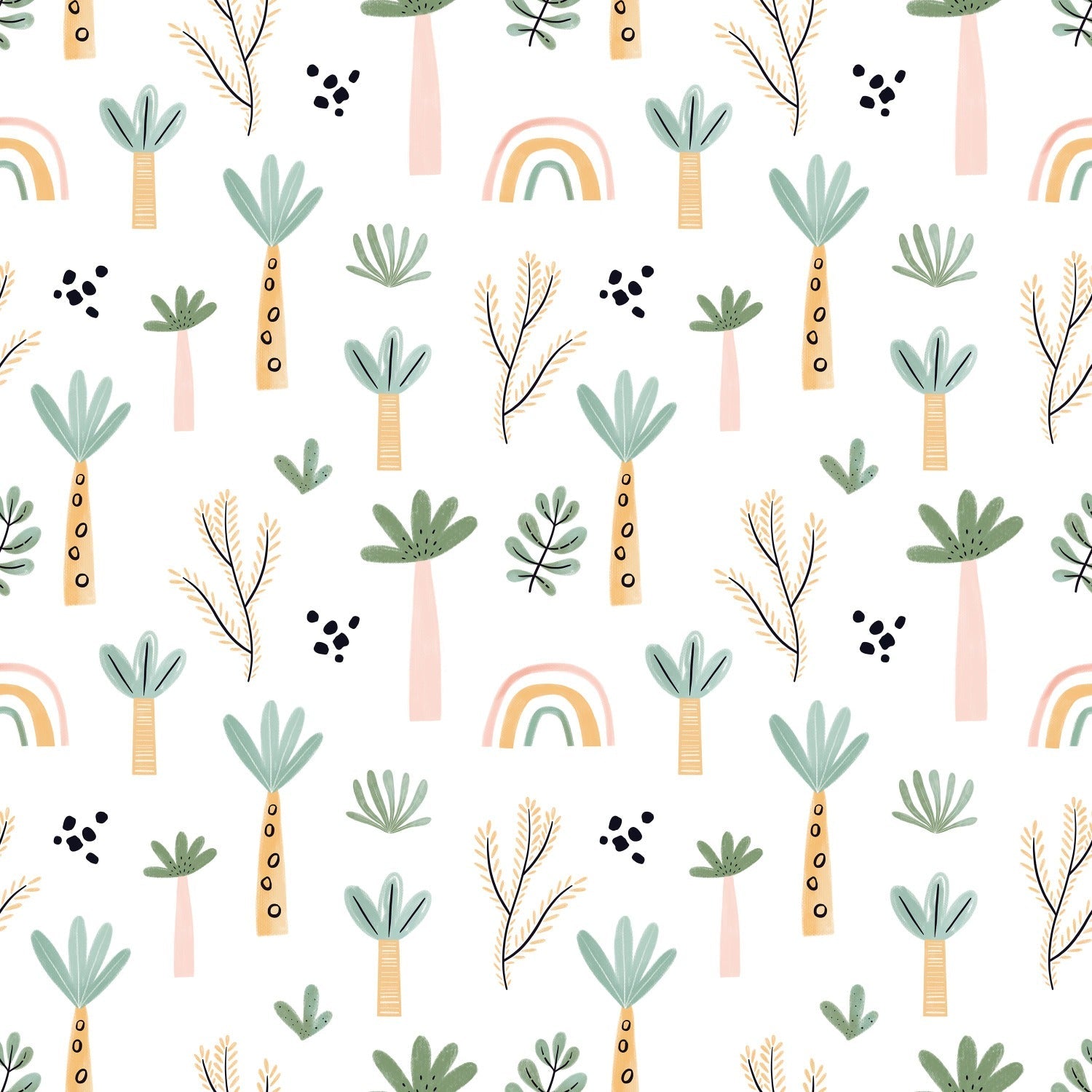A vibrant and playful wallpaper pattern featuring a mix of tropical elements and whimsical designs, including green palm trees, soft pink rainbows, and abstract black spots. The design is set against a light cream background, creating a cheerful and inviting atmosphere perfect for a child's room.
