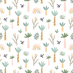 Seamless pattern of a whimsical children's wallpaper featuring stylized trees, branches, and abstract shapes in pastel tones of pink, green, and gold on a white background. Elements include simple tree forms, dots, rainbows, and botanical motifs, arranged in a playful, evenly spaced design.