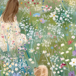 A detailed close-up of the "Field of Dreams" art print, showcasing a girl in a pastel dress and her dog sitting in a meadow filled with vibrant wildflowers.