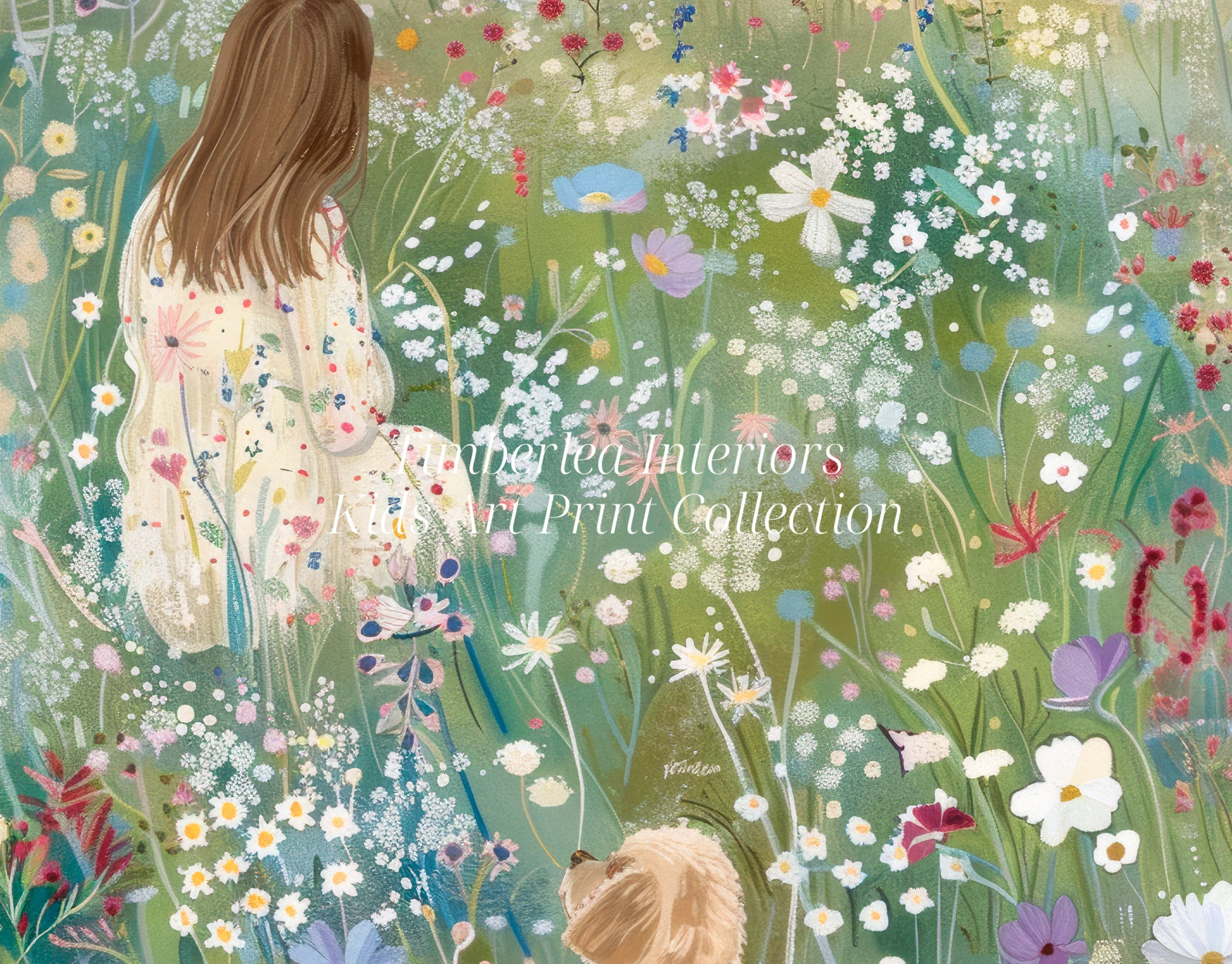 A detailed close-up of the "Field of Dreams" art print, showcasing a girl in a pastel dress and her dog sitting in a meadow filled with vibrant wildflowers.