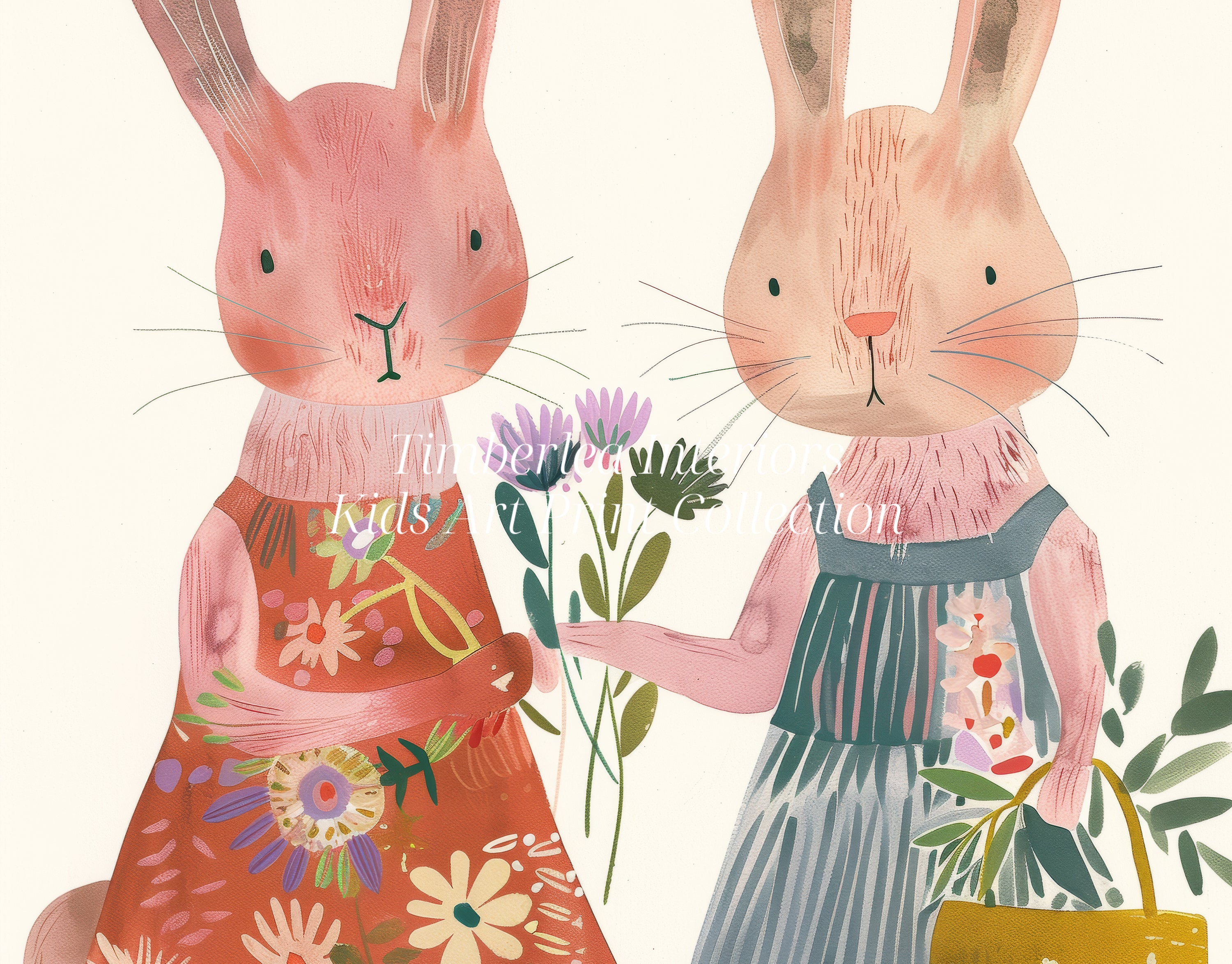 Close-up view of a whimsical art print featuring two adorable bunnies in charming outfits, holding flowers and a basket