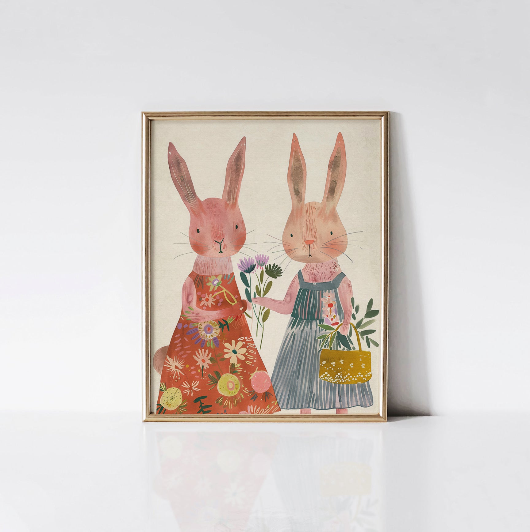 Bunny Friends art print displayed in a sleek gold frame, featuring two adorable bunnies in pastel colors, holding flowers and a basket