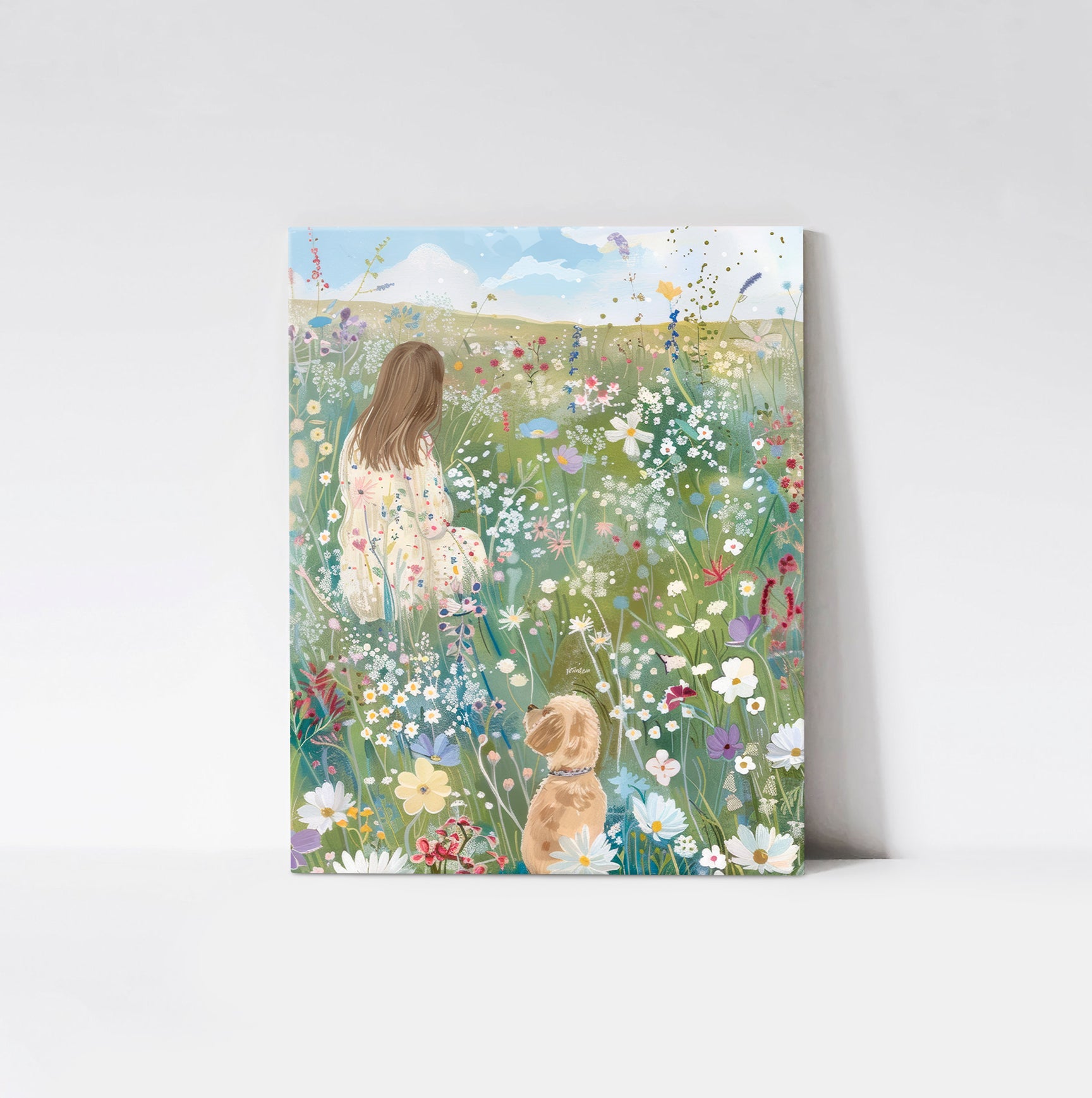  The "Field of Dreams" art print mounted on a wood board, depicting a serene scene of a girl and her dog in a lush wildflower field.
