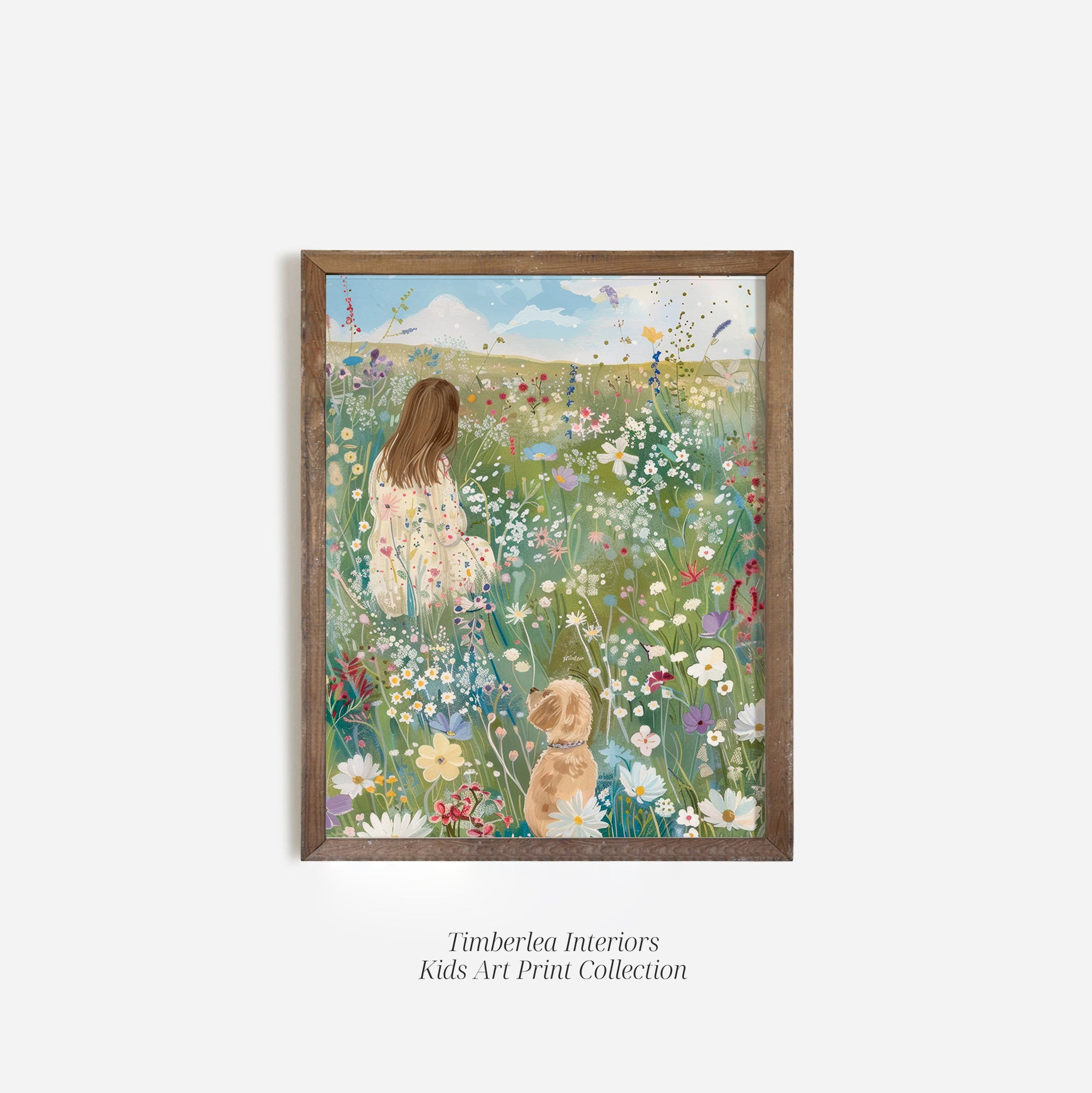 The "Field of Dreams" art print in a rustic wood frame, showing a girl and her dog in a beautiful meadow filled with diverse wildflowers.