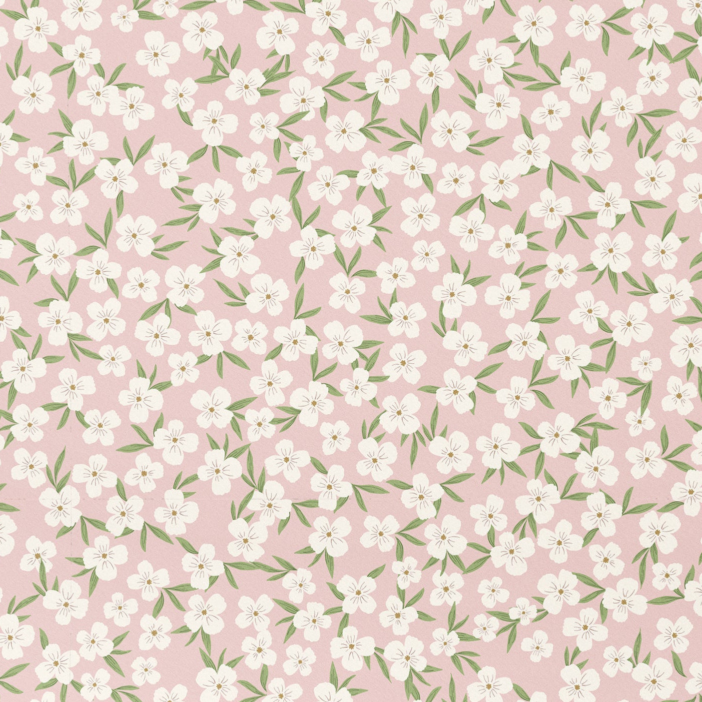 Roll of floral wallpaper with small white flowers on a pink background