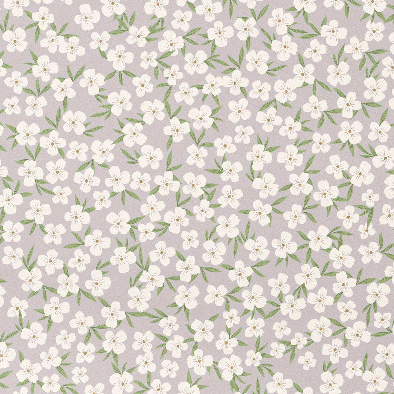 Roll of floral wallpaper with small white flowers on a light gray background