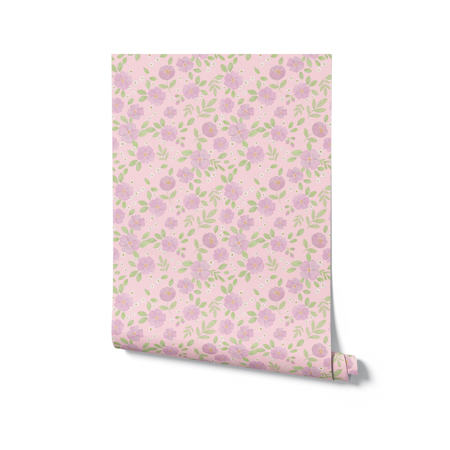 Roll of floral wallpaper with purple flowers on a pink background