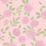 Pattern of purple flowers and green leaves on a pink background