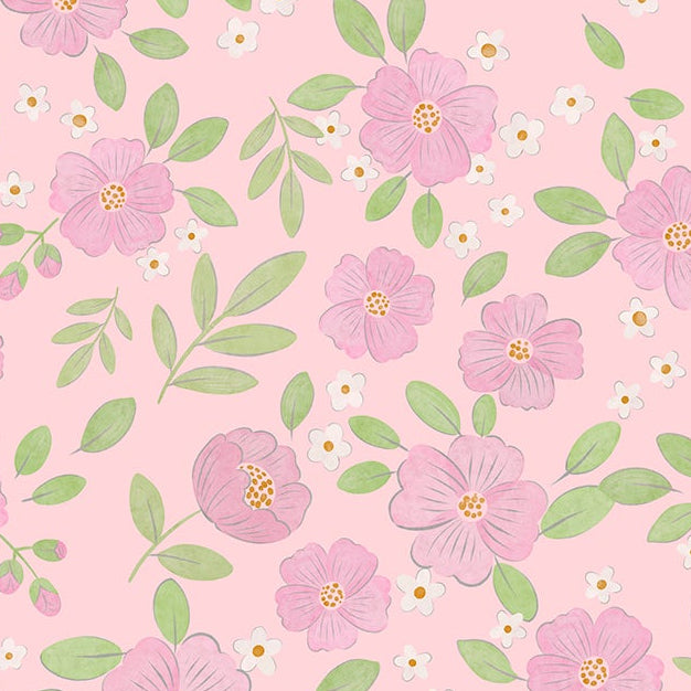 Pattern of purple flowers and green leaves on a pink background