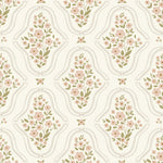 Floral pattern with pink flowers and green leaves on a light beige background