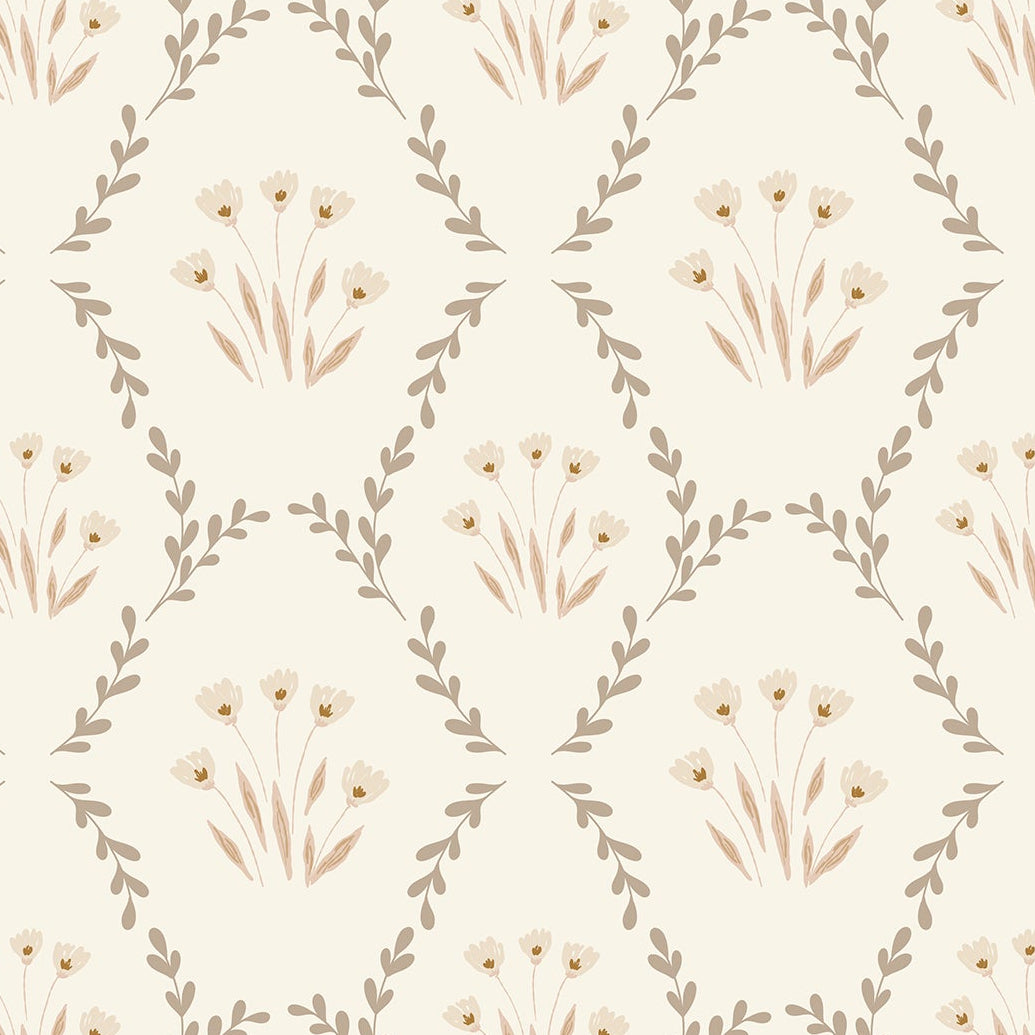 Floral pattern with small flowers and leaves on a light beige background