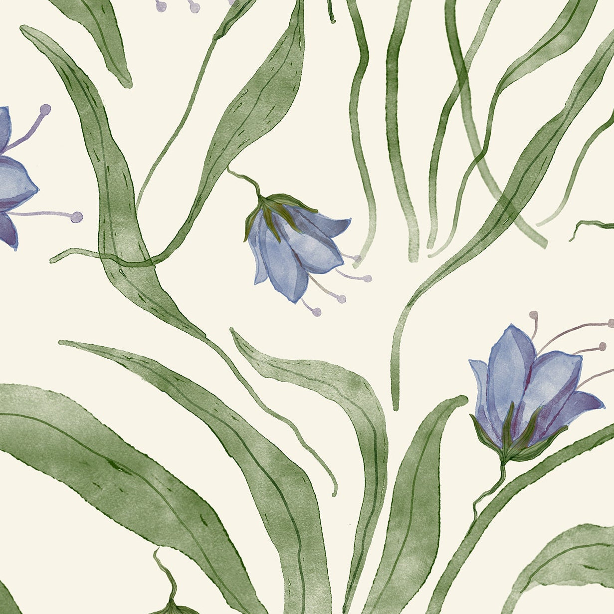 Pattern of blue flowers and green leaves on a beige background
