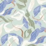Pattern of blue, white, and green leaves on a light blue background