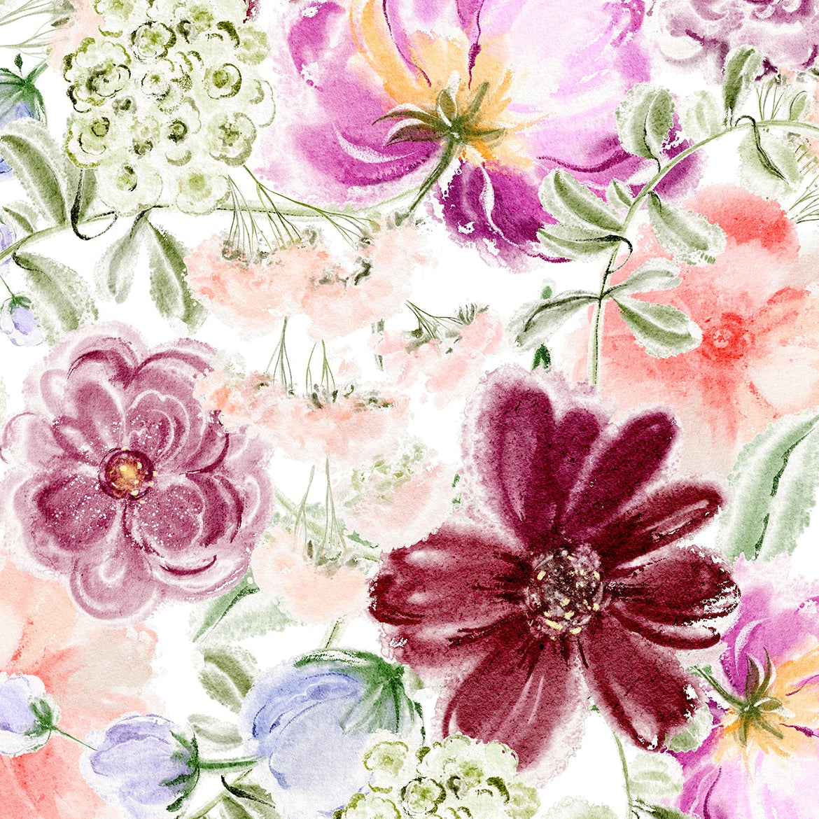 Colorful floral pattern with various flowers on a white background