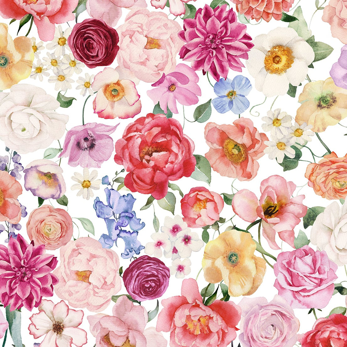 Pattern of colorful flowers on a white background
