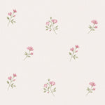 Pattern of small pink flowers with green stems on a light gray background
