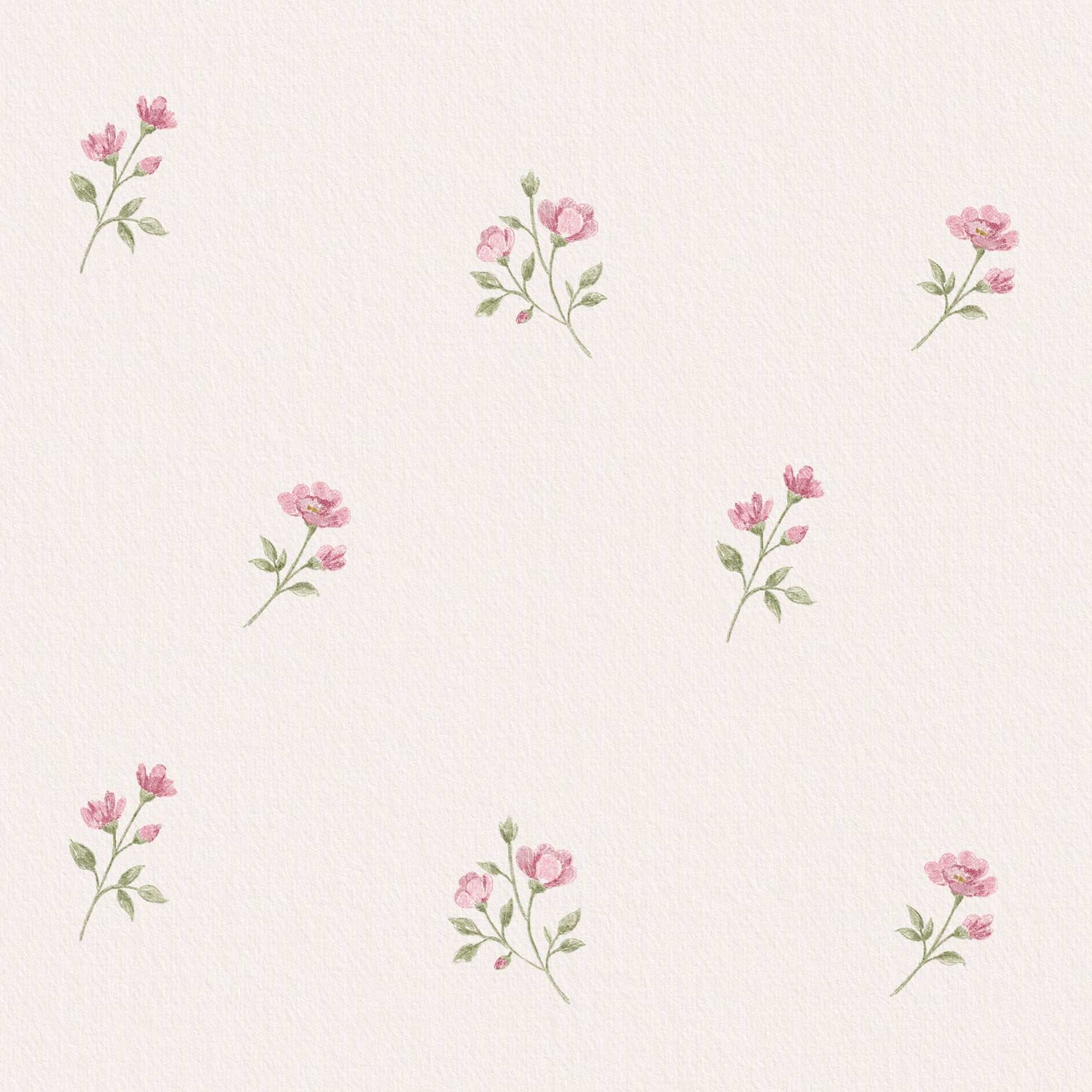 Pattern of small pink flowers with green stems on a light gray background