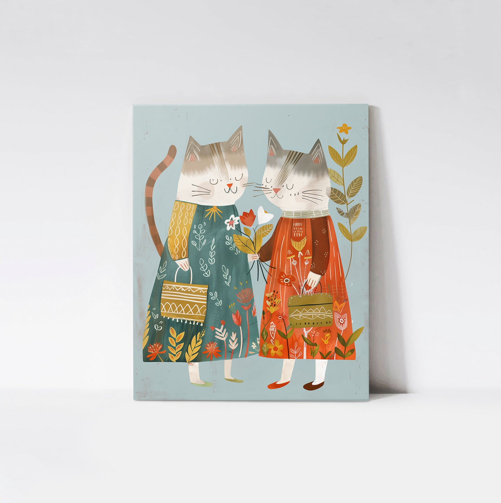 Art print of two cats in floral dresses on a wood board, perfect for nursery or kids' room decoration with a playful and charming design.