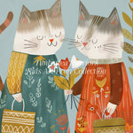 Close-up of art print showcasing two cats in detailed floral-themed dresses, highlighting the intricate design and vibrant colors, perfect for kids' room decor.