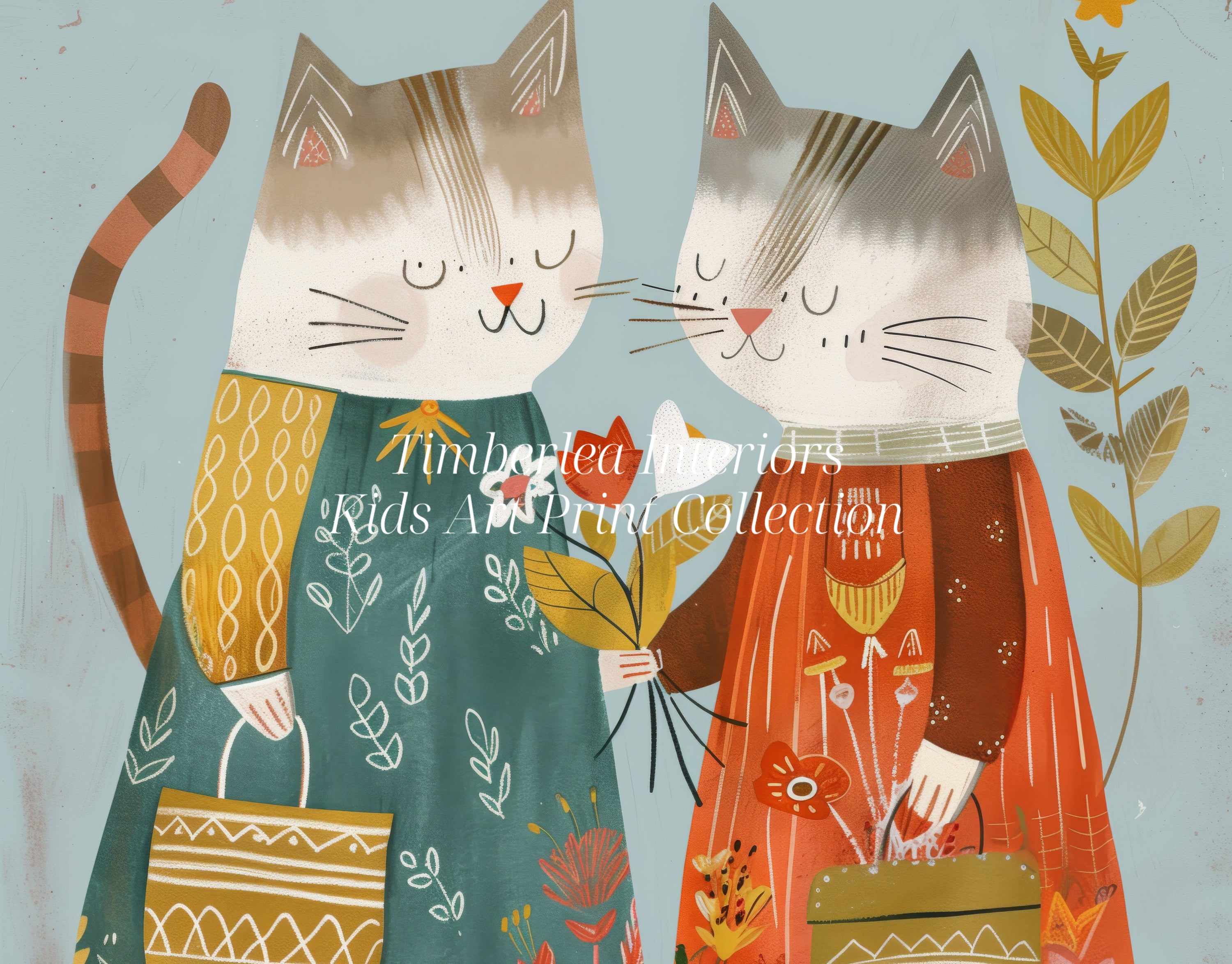 Close-up of art print showcasing two cats in detailed floral-themed dresses, highlighting the intricate design and vibrant colors, perfect for kids' room decor.