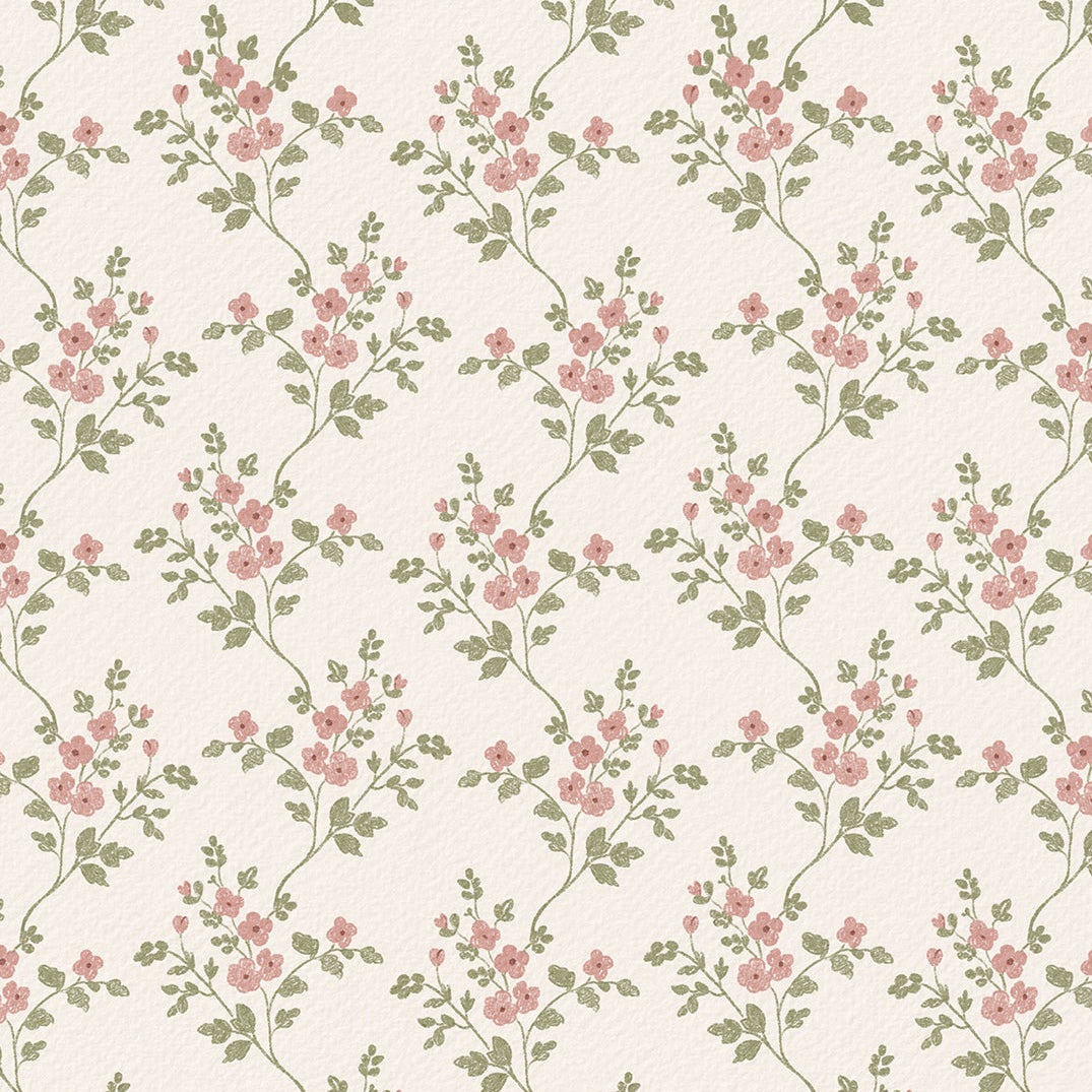 Floral pattern with pink flowers and green leaves on a light background