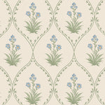Patterned wallpaper with green plants and blue flowers on a beige background