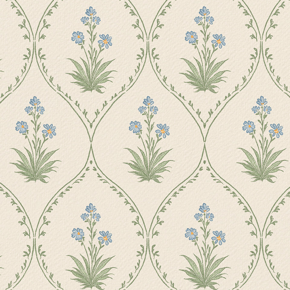 Patterned wallpaper with green plants and blue flowers on a beige background