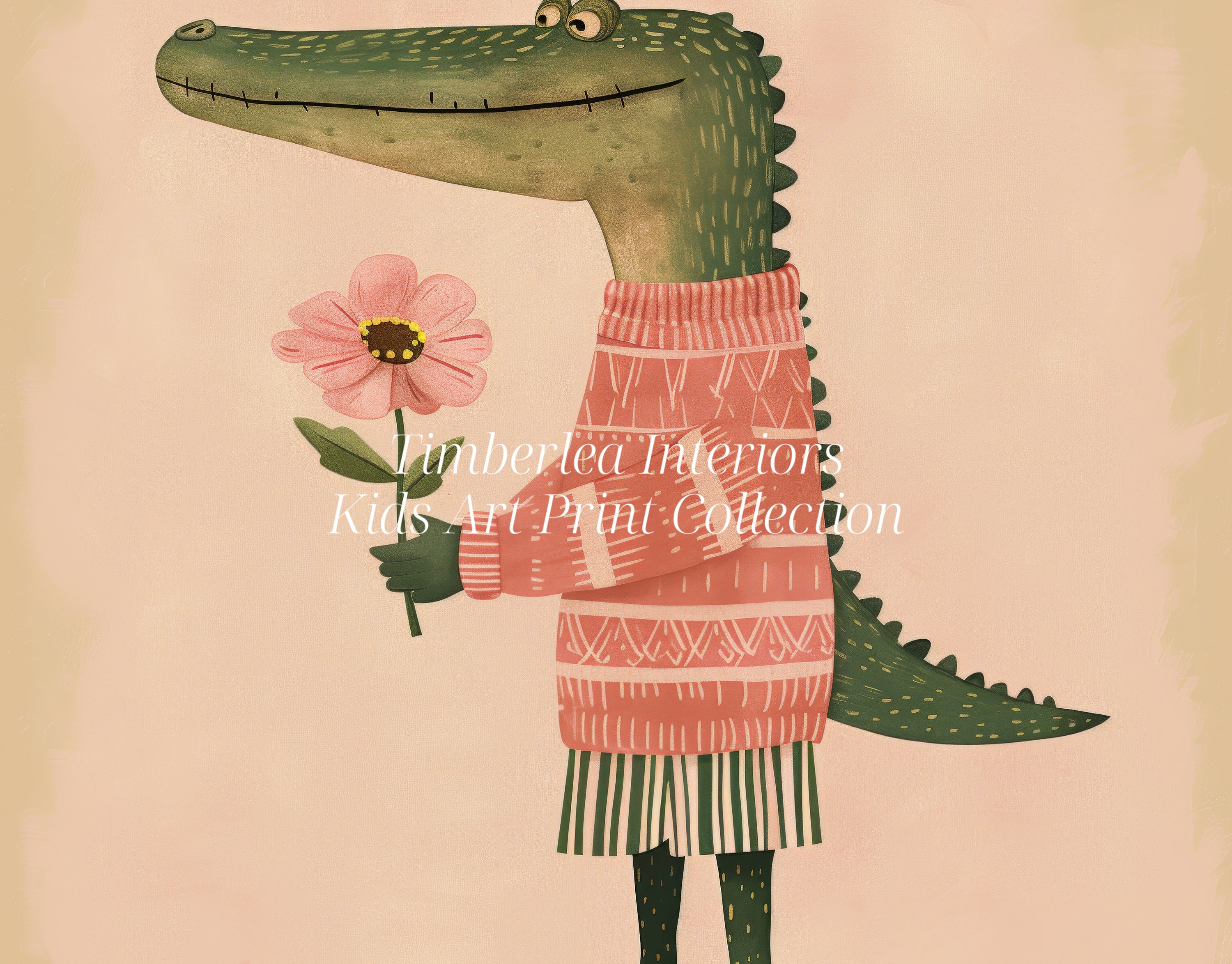 Close-up of the 'Gentle Gator Blooms' art print featuring a friendly alligator wearing a pink sweater and holding a flower.