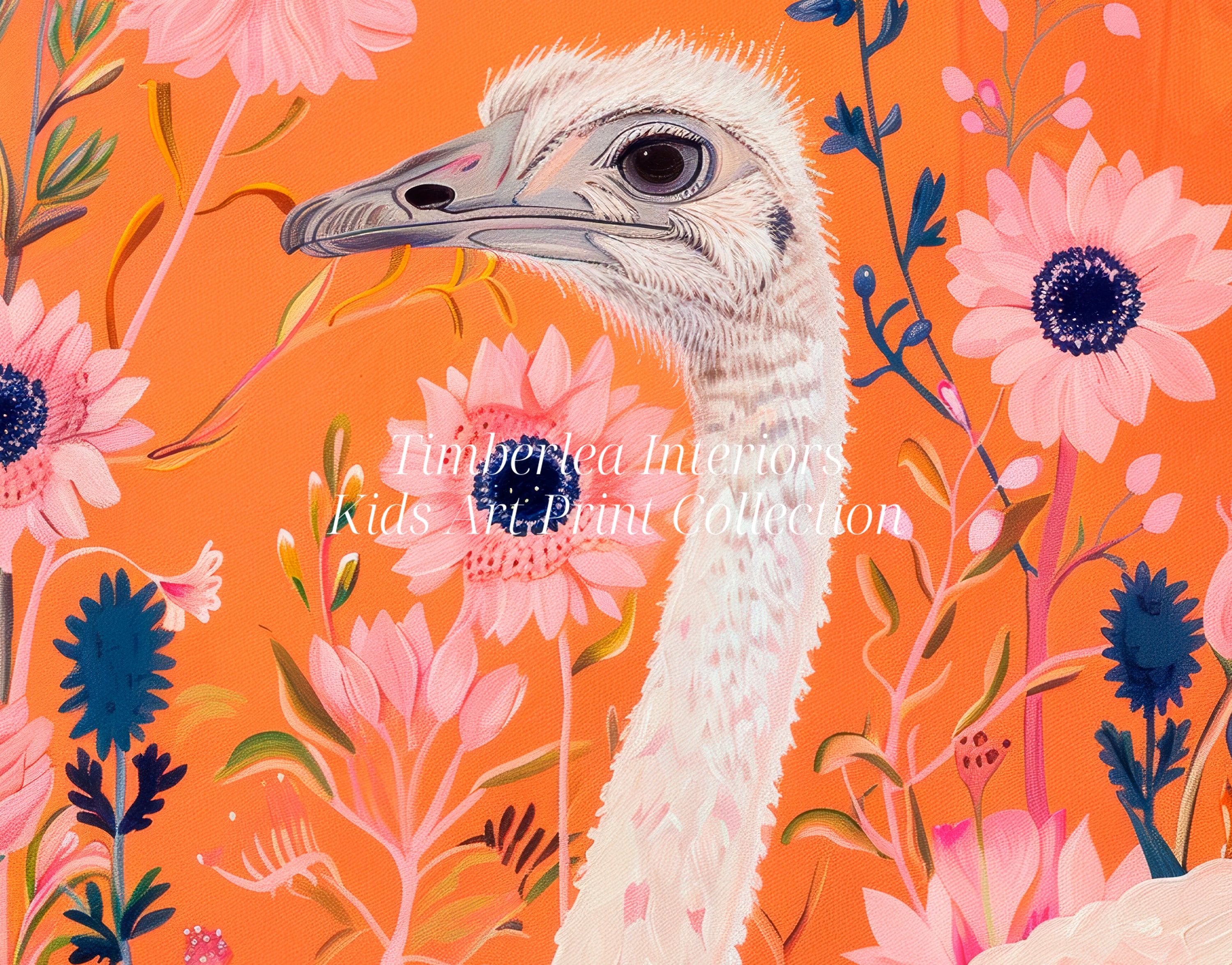 Close-up view of the Ostrich in Bloom Art Print highlighting the intricate details of the ostrich and the vibrant pink and blue flowers on an orange background.