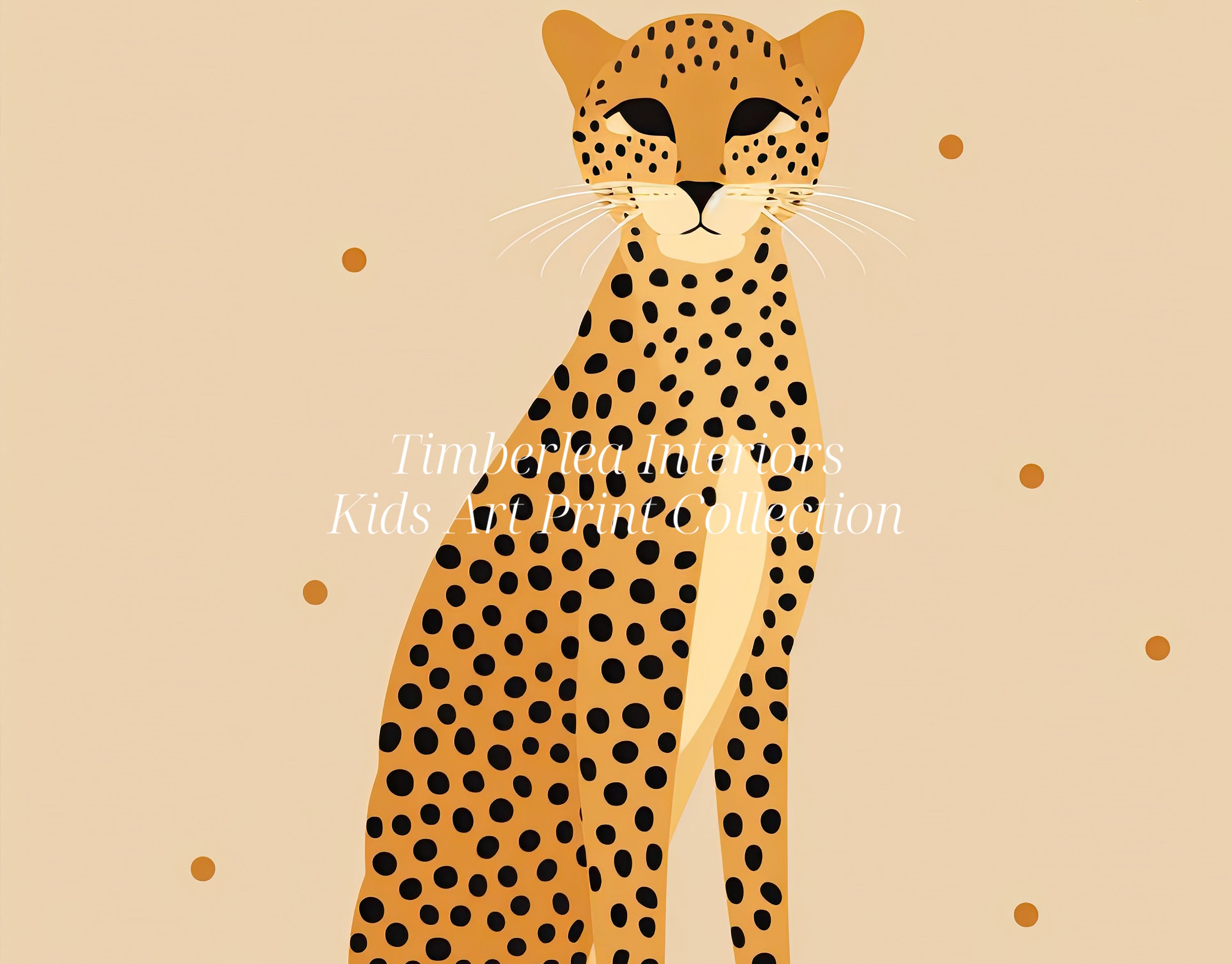 Close-up view of a minimalist art print featuring a poised leopard against a soft beige background with delicate dots