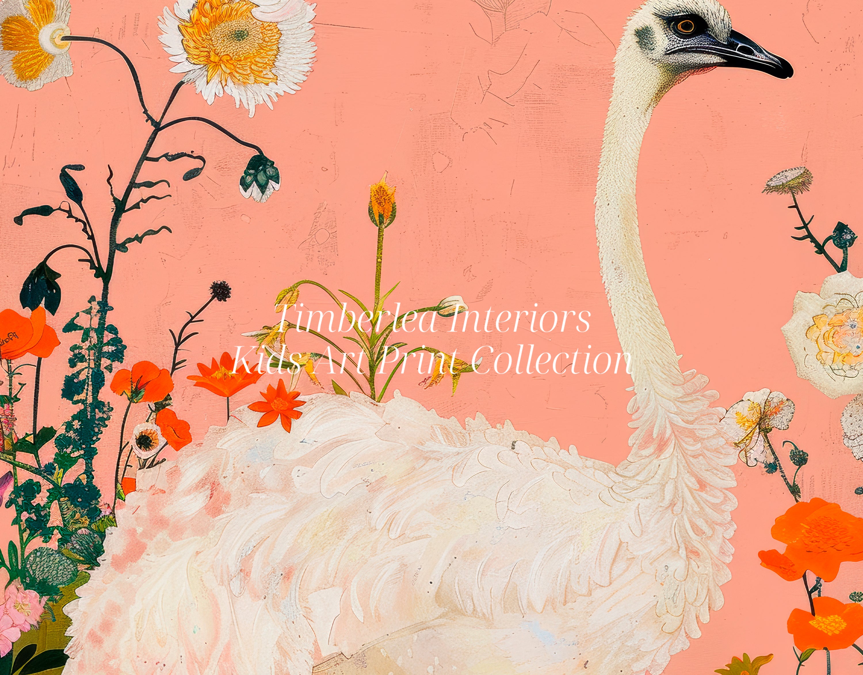 Close-up view of the Ethereal Ostrich Garden Art Print featuring a detailed ostrich with soft white feathers surrounded by vibrant orange and white flowers against a peach background.