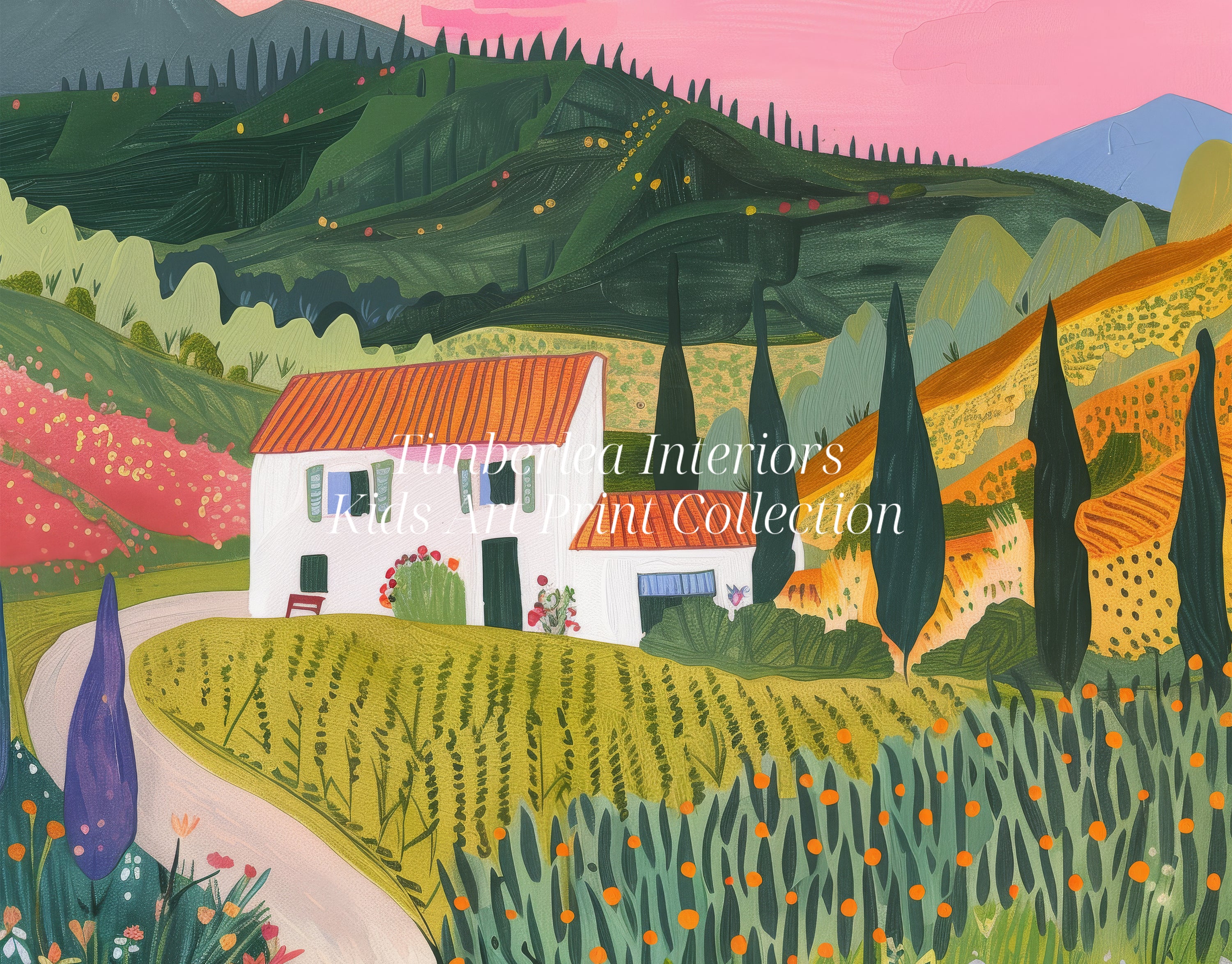Close-up of the 'Sunny Countryside Retreat' art print featuring a white cottage surrounded by lush green fields, blooming flowers, and a pink sunset backdrop