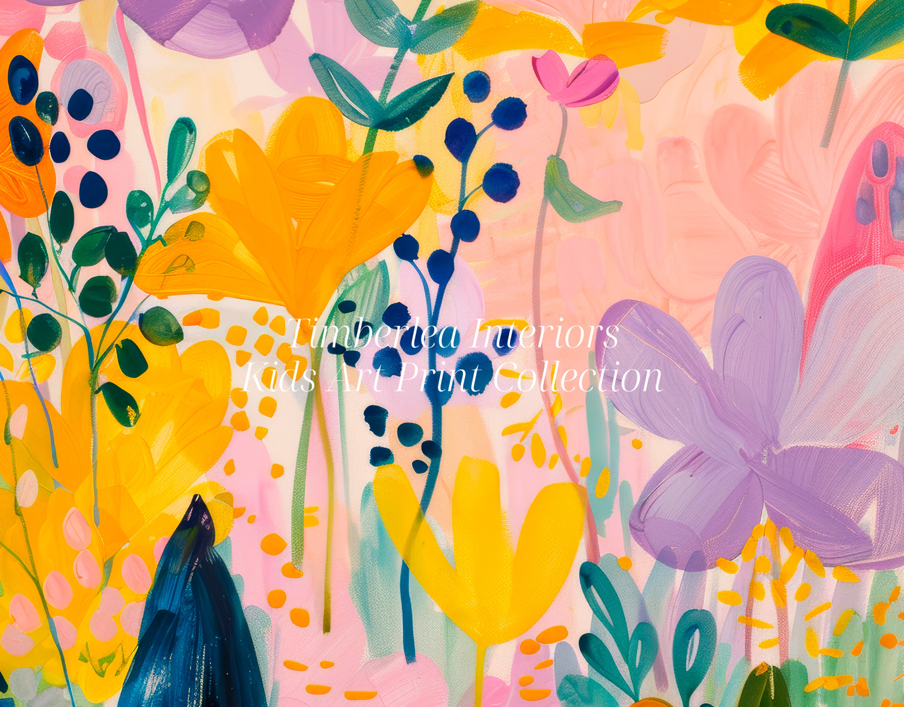 Close-up view of the Floral Fantasy Art Print showcasing a vibrant array of colorful flowers in shades of yellow, purple, and green against a soft pink background.