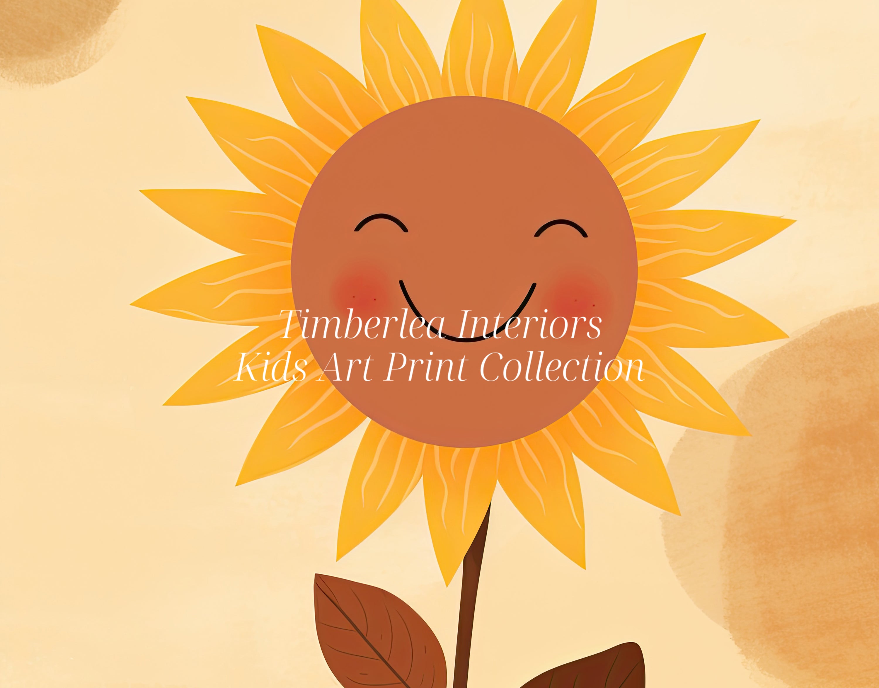 Close-up view of a cheerful art print featuring a smiling sunflower with radiant yellow petals and warm brown leaves on a soft beige background