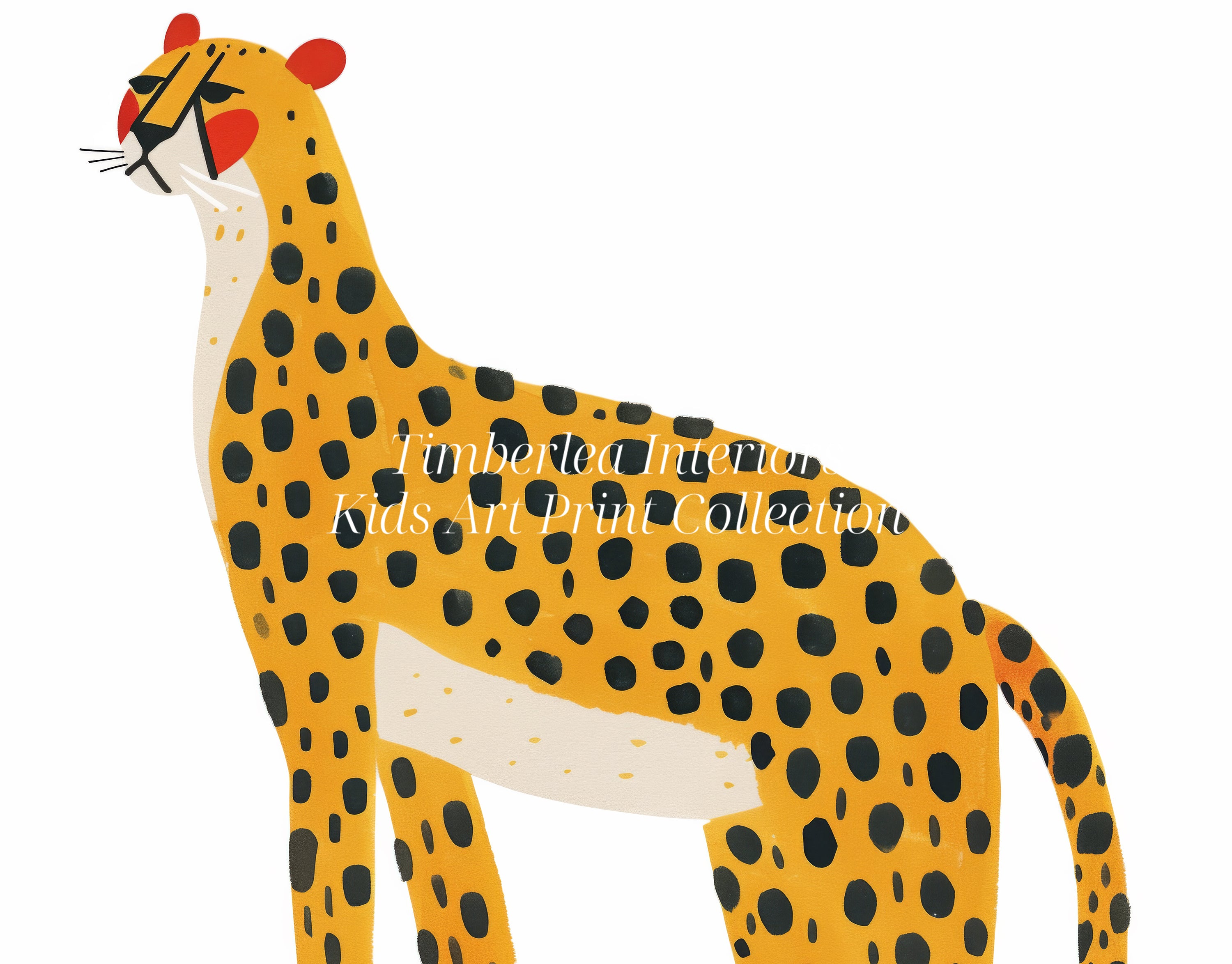 Close-up of Bold Cheetah Art Print from Timberlea Interiors Kids Art Print Collection, featuring a vibrant yellow and black cheetah illustration