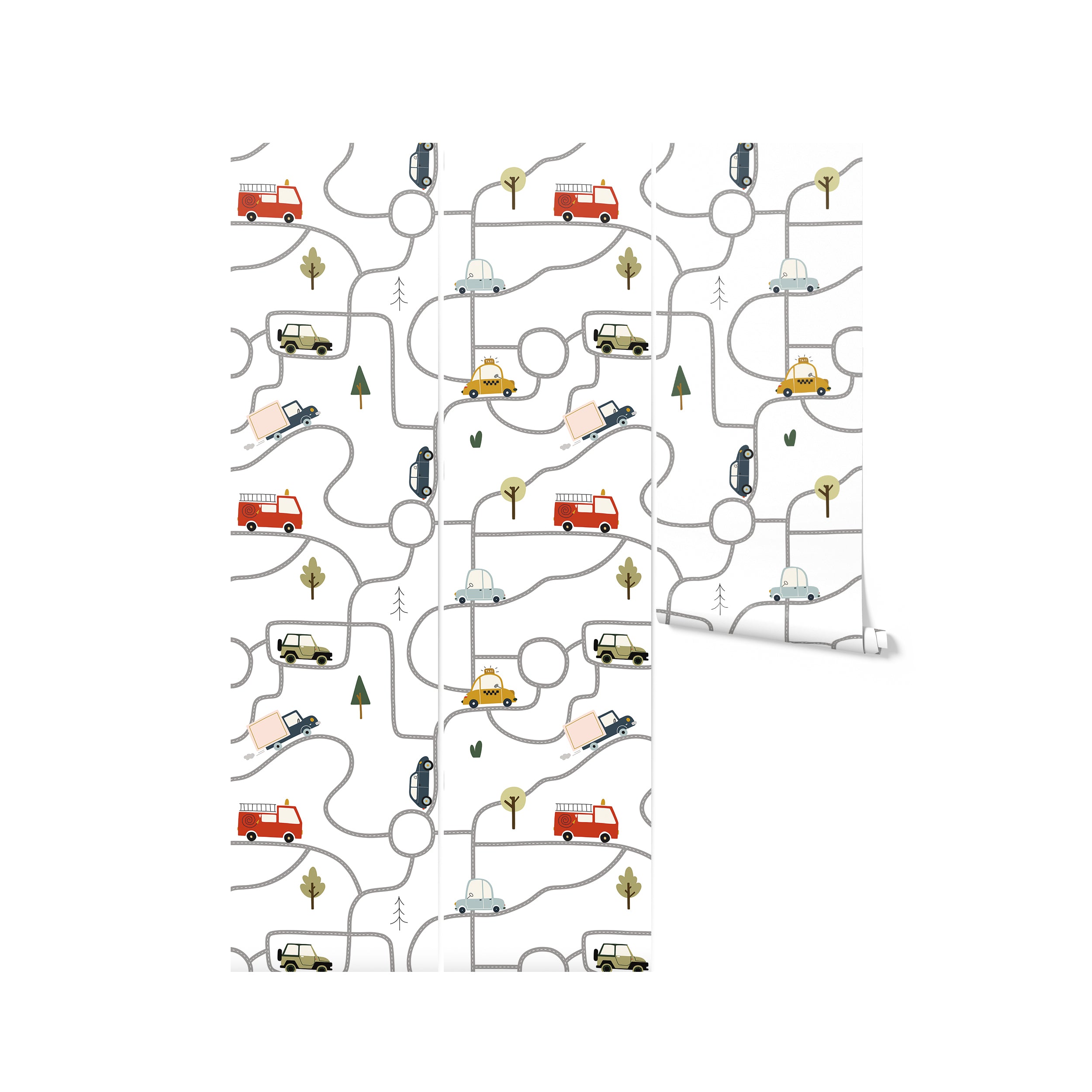 Rolls of Car and Map Wallpaper showcasing a detailed and interactive map layout with colorful cars, buses, and taxis navigating through winding roads, surrounded by minimalistic greenery. Ideal for a child's bedroom or playroom, this wallpaper encourages playful exploration and storytelling