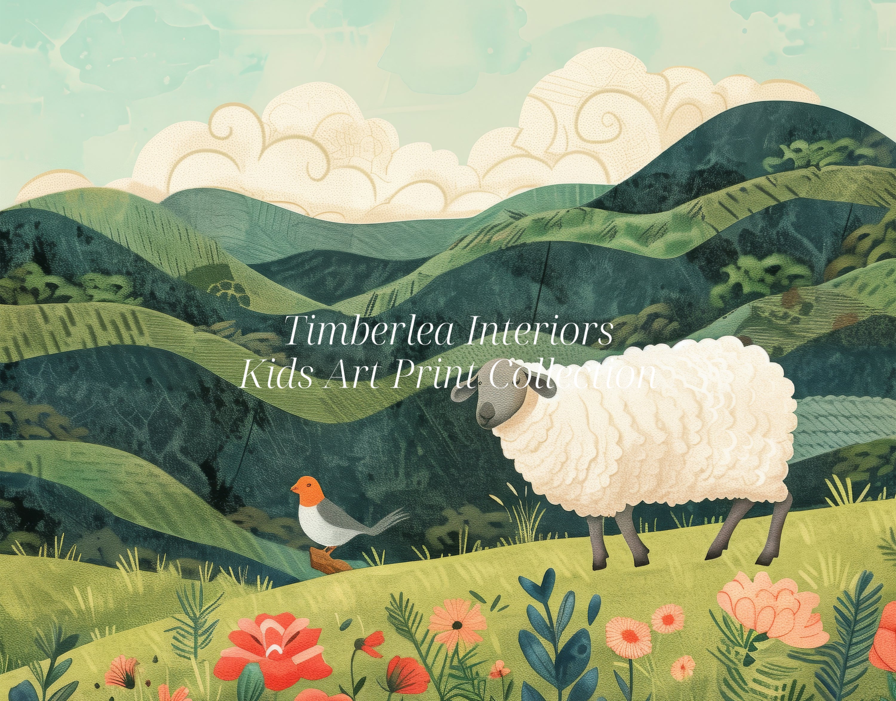 Close-up view of an enchanting art print featuring a serene landscape with rolling green hills, a fluffy sheep, and a cheerful bird amidst vibrant flowers.