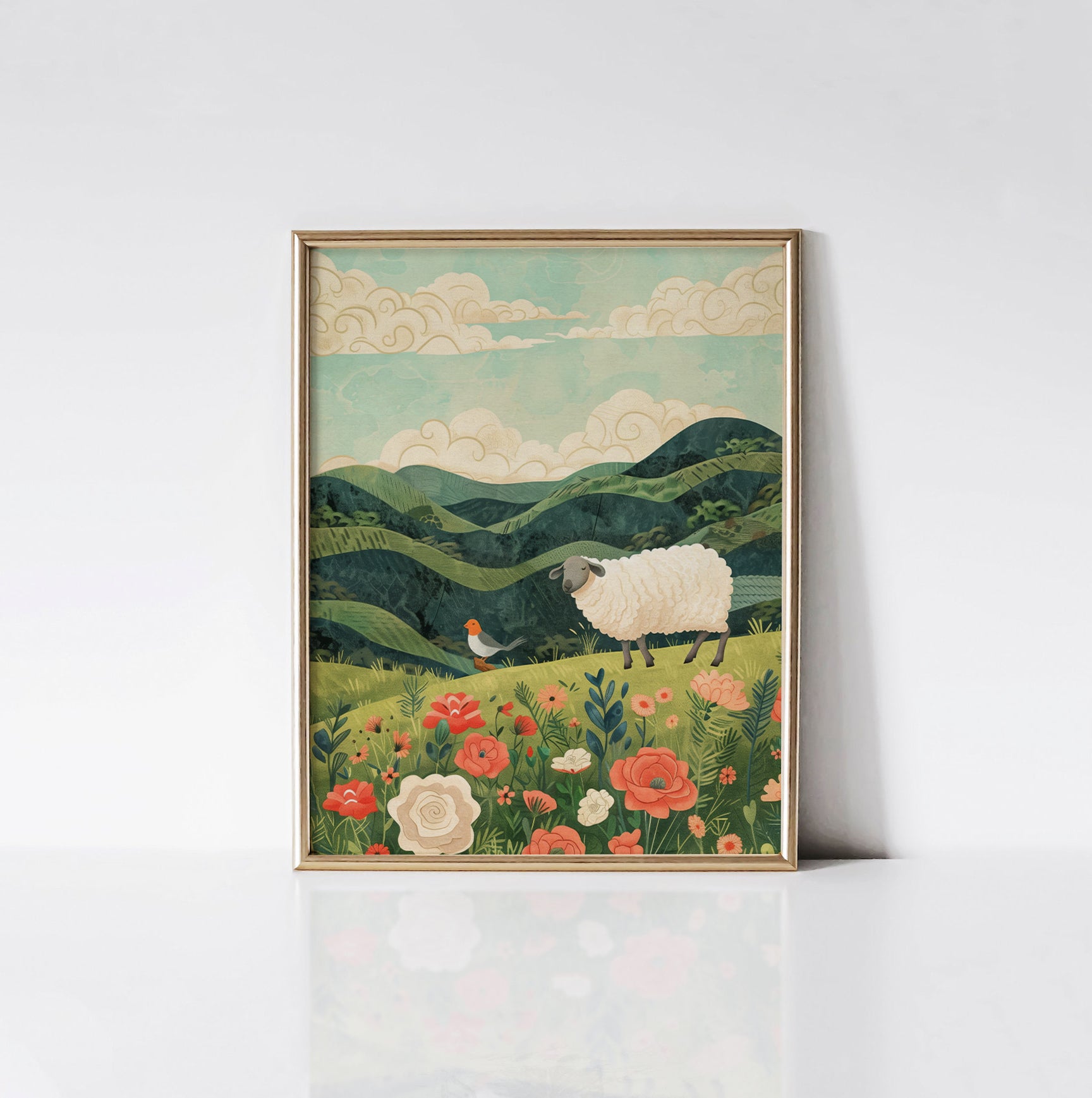 Pastoral Serenity art print displayed in a sleek gold frame, featuring a serene landscape with rolling green hills, a fluffy sheep, and vibrant flowers.