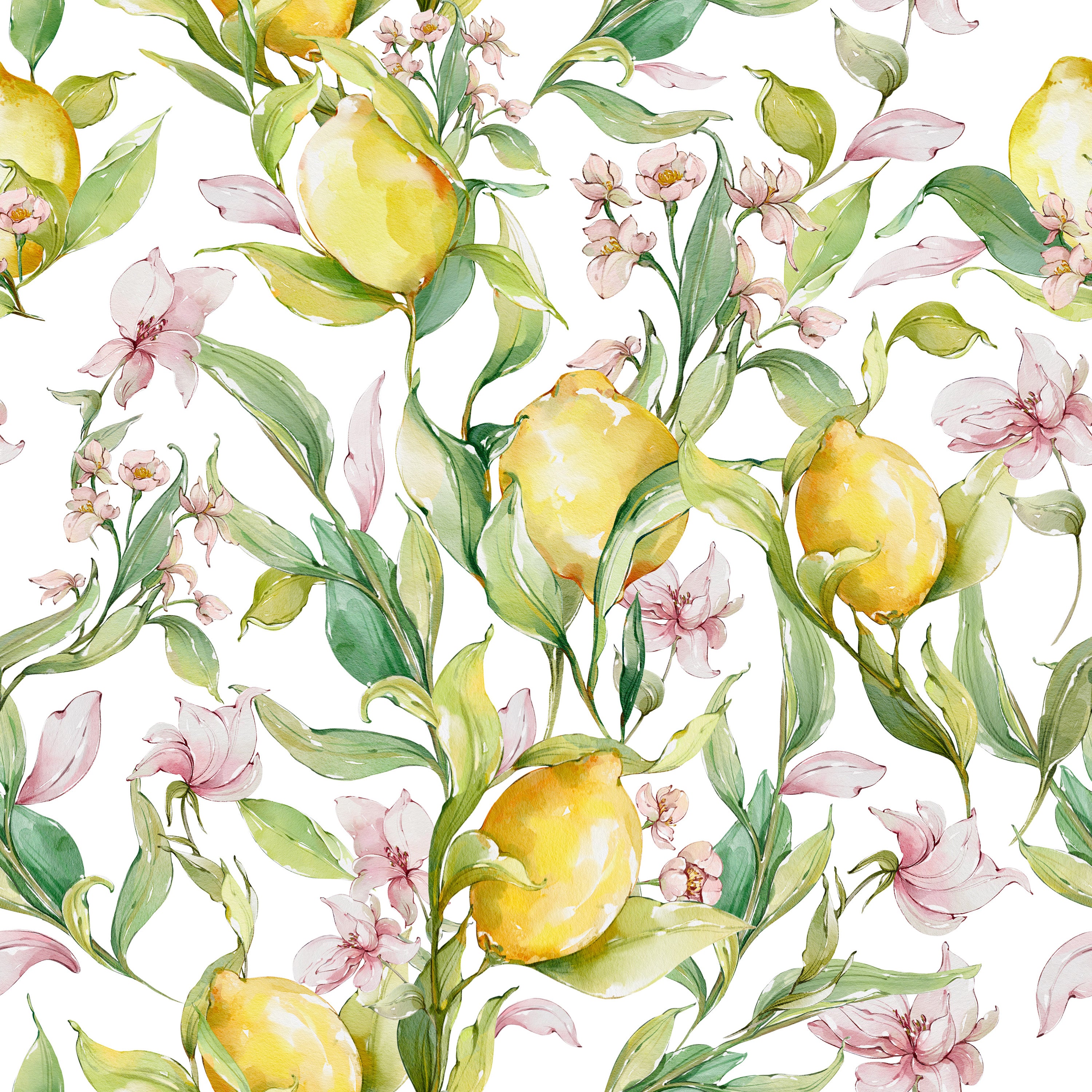 Close-up view of the Citrus Blossom Wallpaper showcasing a bright and colorful pattern of yellow lemons intertwined with delicate pink flowers and green leaves. This detailed shot highlights the watercolor texture and natural aesthetic of the wallpaper