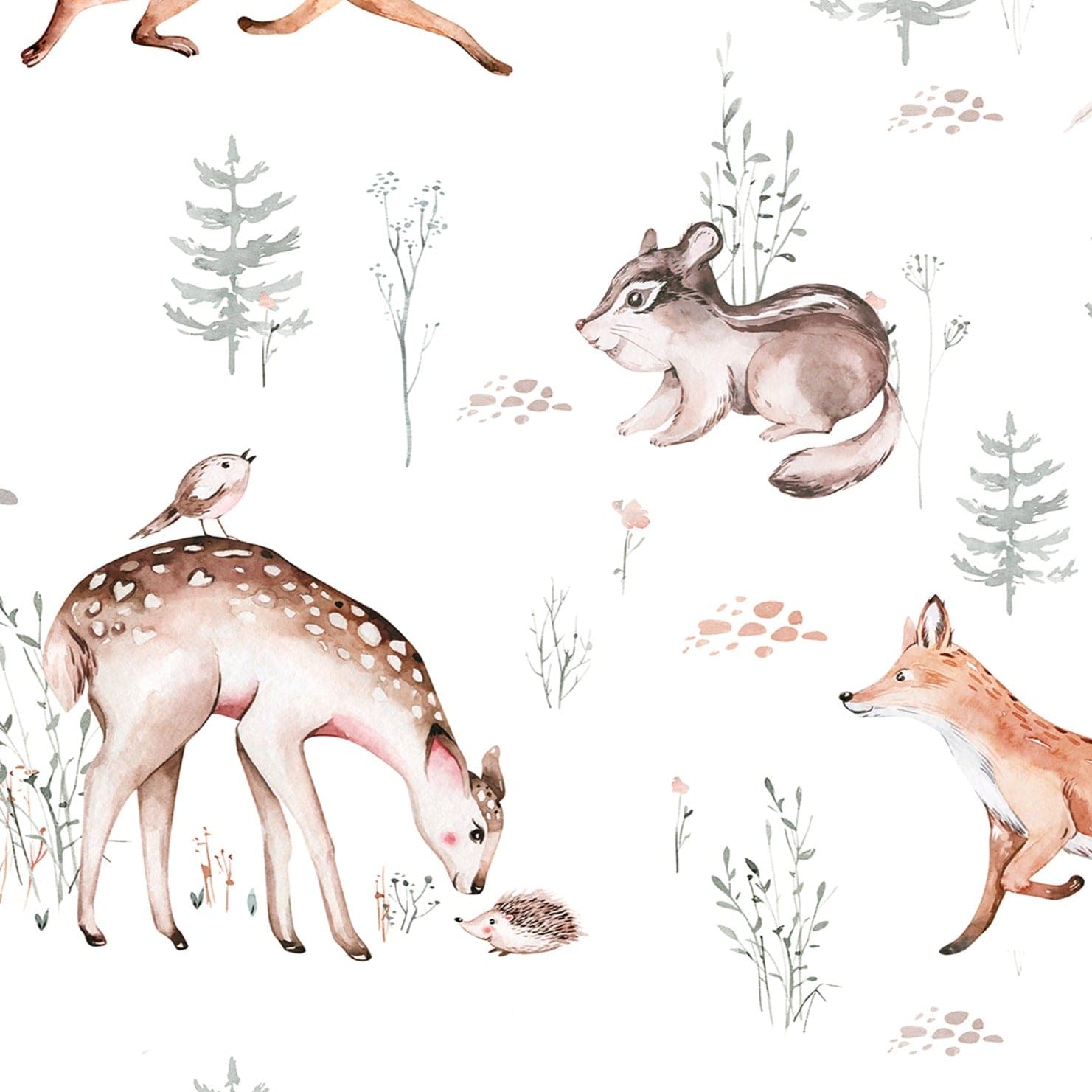 A close-up view of the Woodland Wonder Wallpaper, illustrating a whimsical pattern of forest animals and plants. Detailed images of foxes, deer, and rabbits blend seamlessly with light vegetation, set against a soft, neutral background.