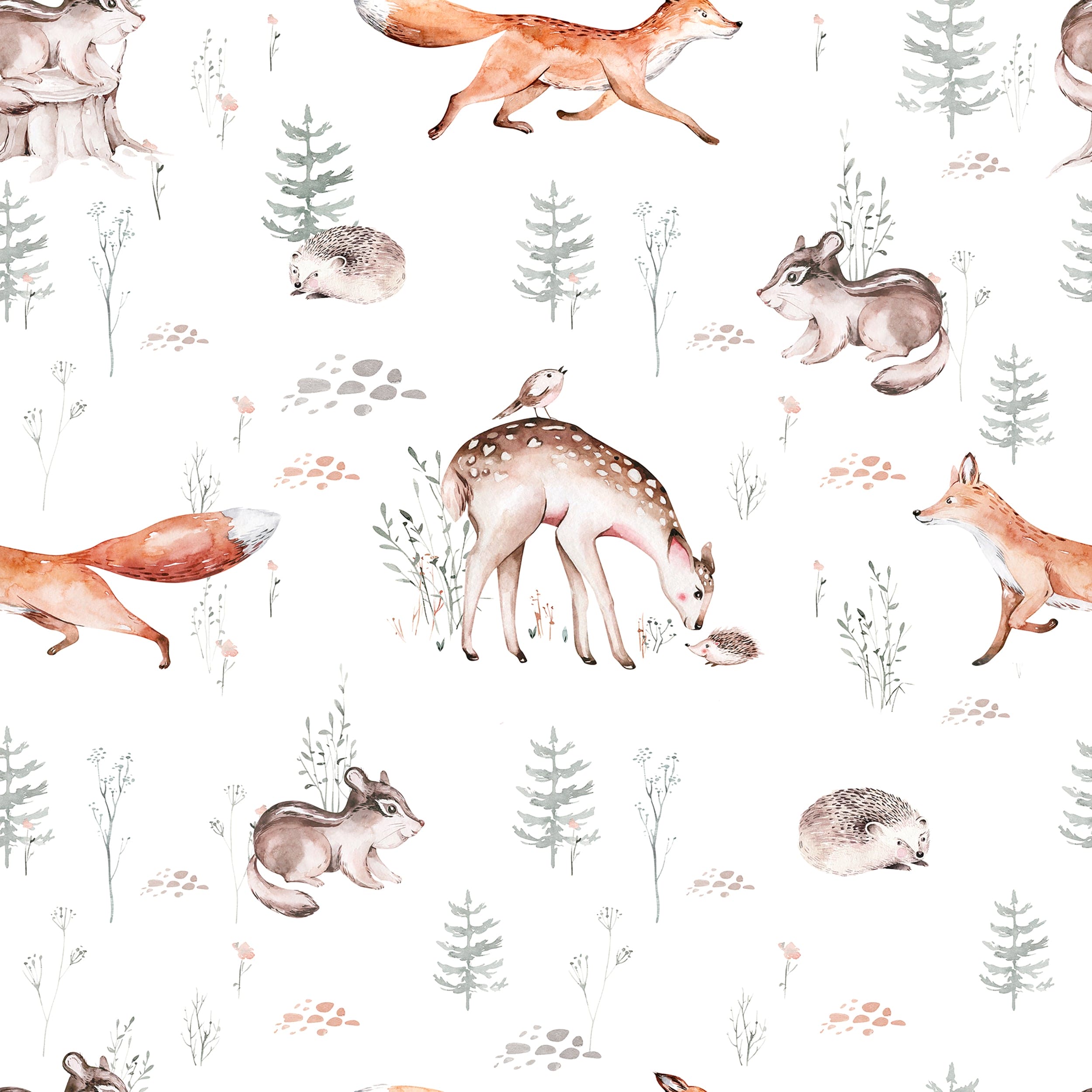 A close-up view of the Woodland Wonder Wallpaper, illustrating a whimsical pattern of forest animals and plants. Detailed images of foxes, deer, and rabbits blend seamlessly with light vegetation, set against a soft, neutral background.