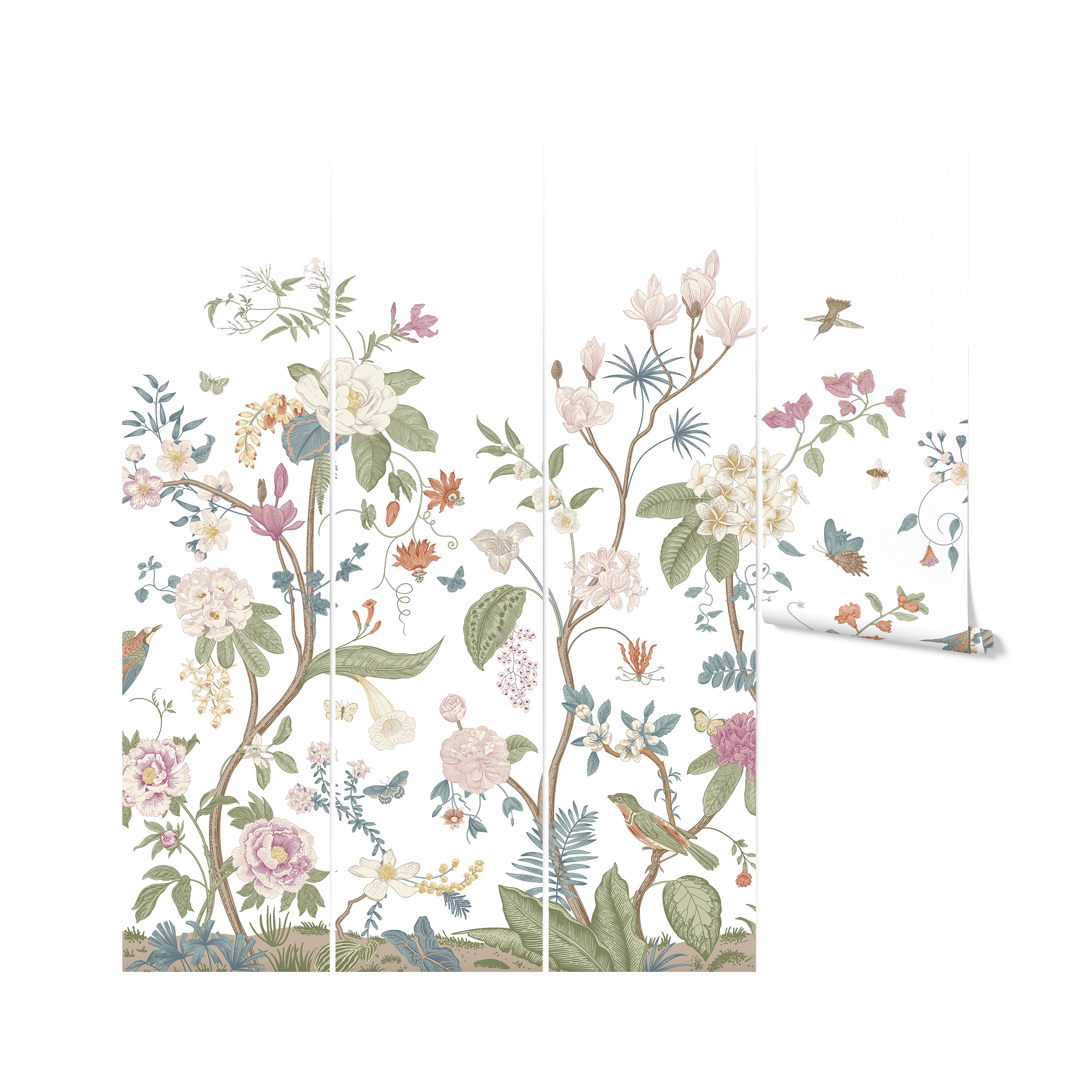 features a product mockup of the Vintage Floral Mural wallpaper in four rolled panels, illustrating the continuity of the pattern across multiple sections. The wallpaper design features a complex array of flowers, leaves, and birds in a seamless, flowing composition. The individual rolls reveal how the pattern repeats and connects, providing a glimpse of how the mural would look once installed on a wall.