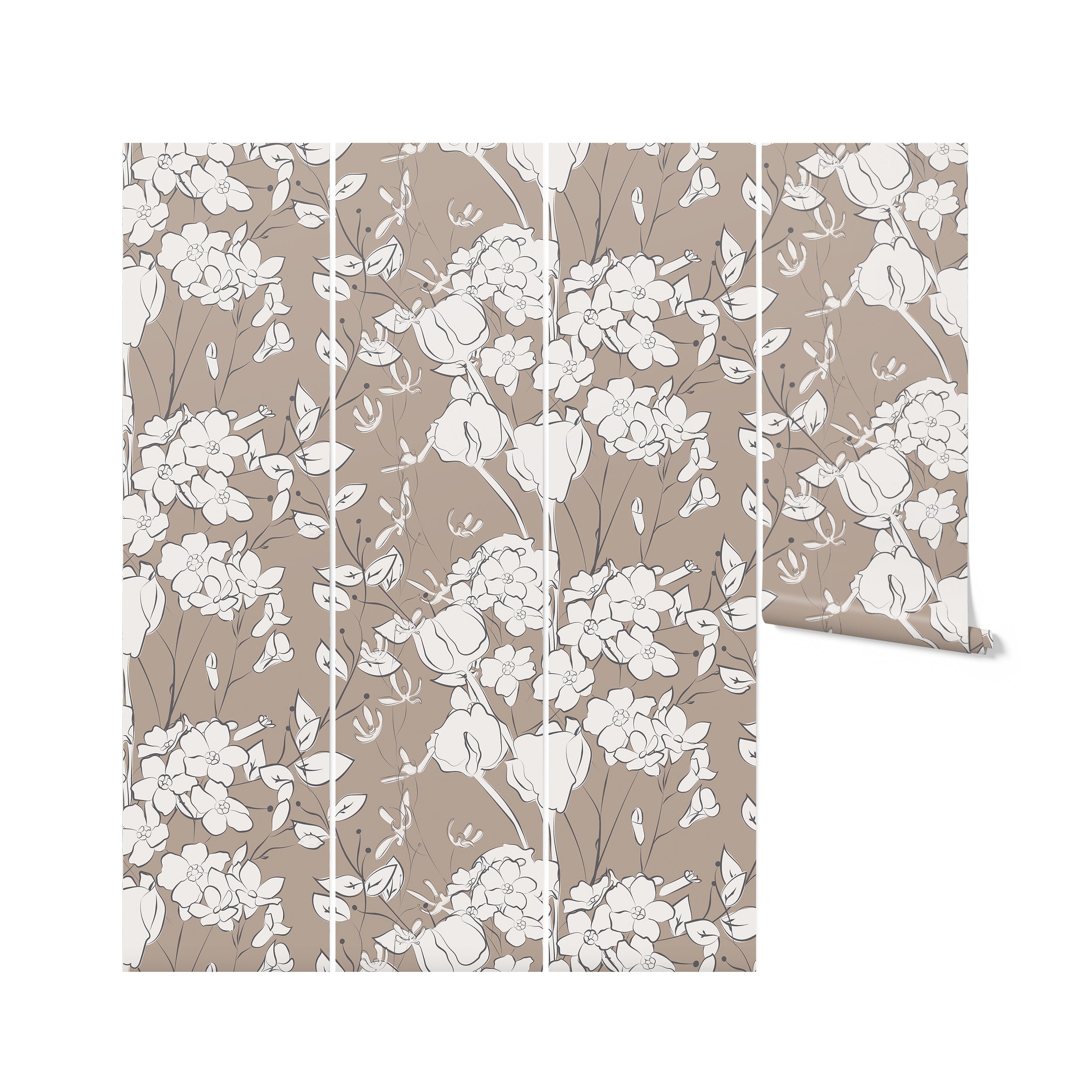 Three panels and a rolled corner of "Floral Line Art Wallpaper" depicted against a neutral background. The panels display the continuity of the floral pattern, with its line-drawn flowers and leaves in white over a taupe background, illustrating how the wallpaper can envelop a room with its graceful design.