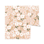 Four panels of the Beautiful Pink Abstract Floral Wallpaper unfurled against a white background, showcasing the full design with its abstract floral pattern in shades of pink with green leaves, ready to transform any room with a touch of spring