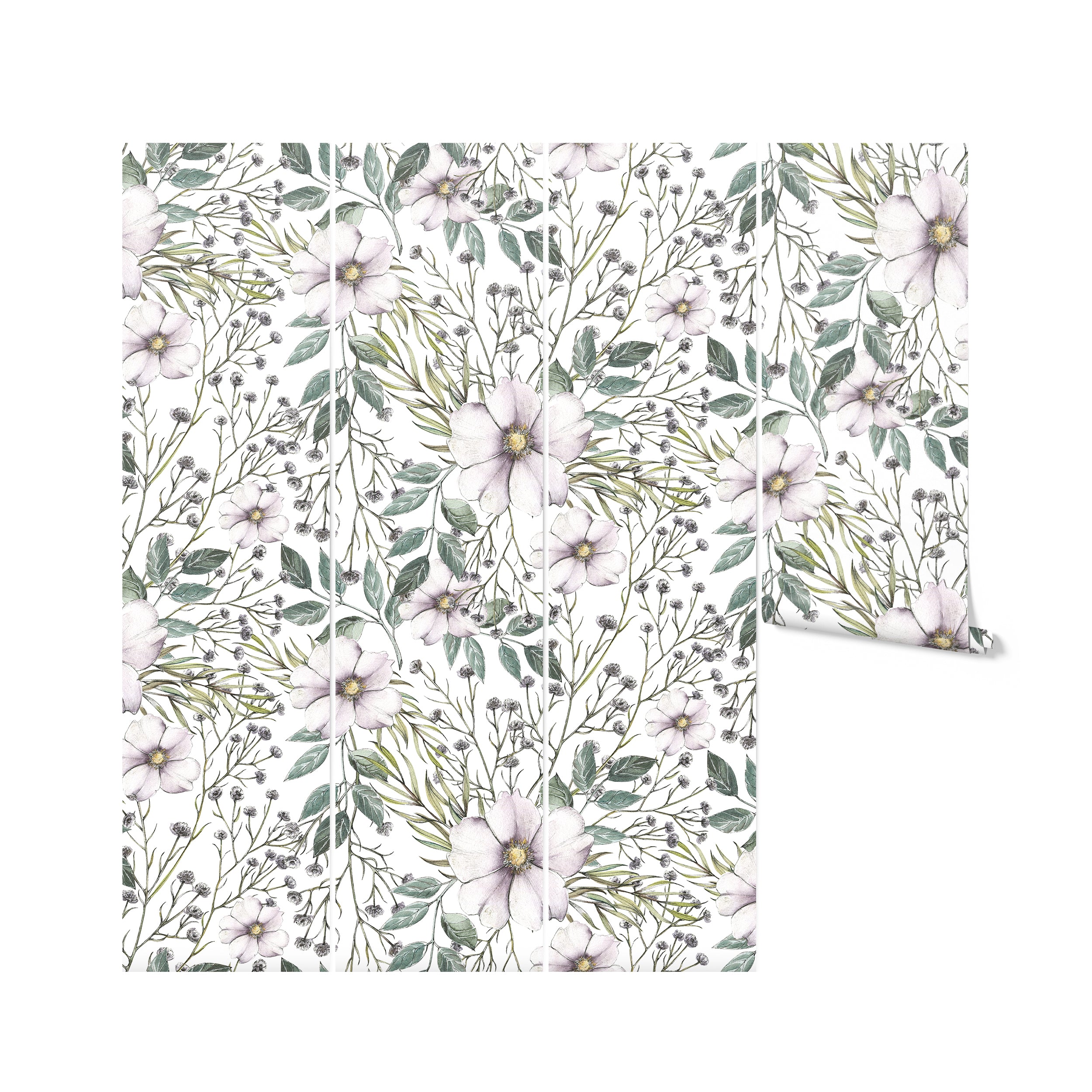 A roll of Botanical Wildflower Wallpaper II unrolled slightly to show the seamless, intricate design of purple wildflowers and greenery on a white background. This image highlights the wallpaper’s potential to create a vivid, naturalistic feel in interior spaces.