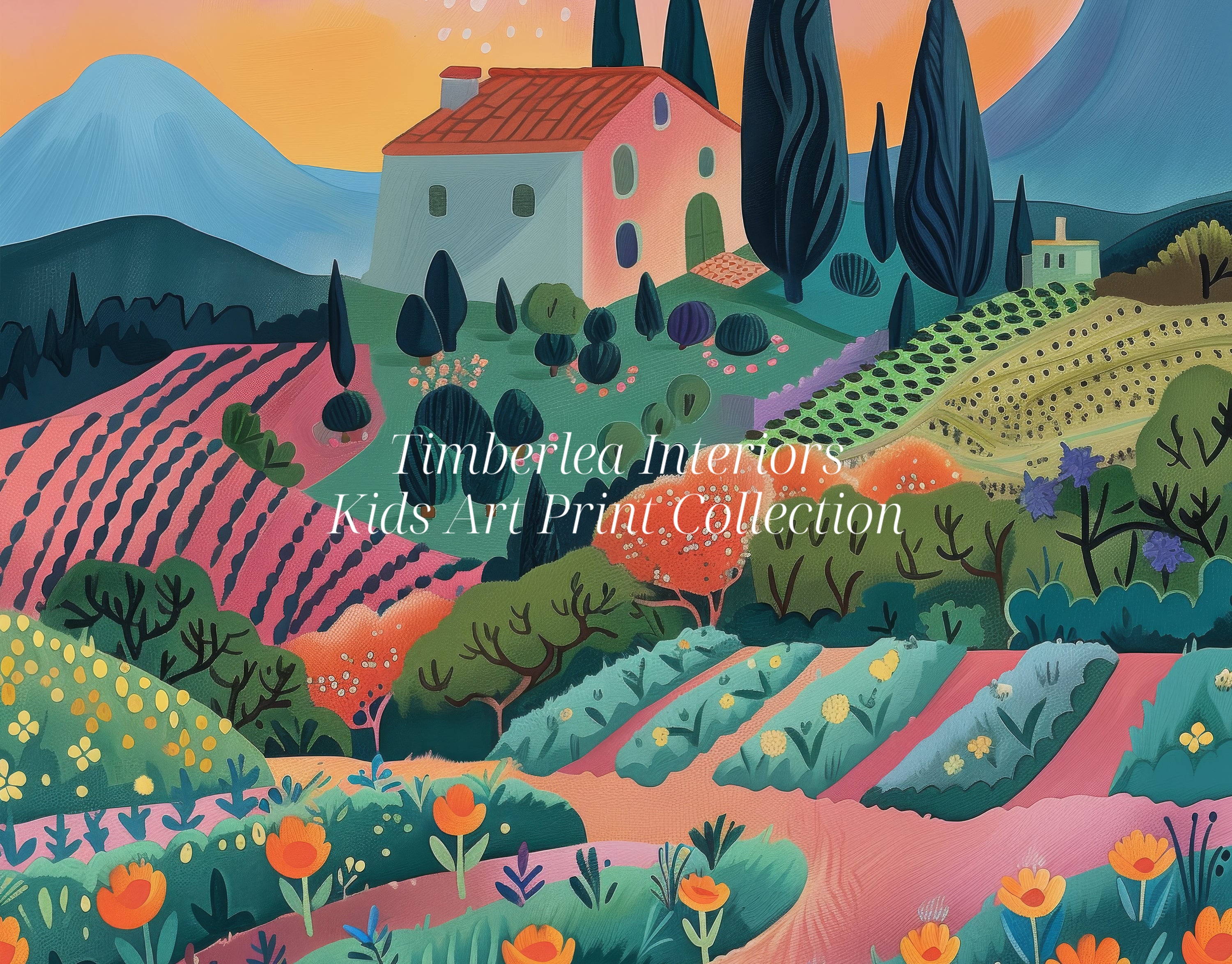 Close-up view of a vibrant art print featuring a picturesque vineyard bathed in the warm glow of a setting sun, with lush fields of colorful flowers and a quaint farmhouse.
