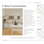 A promotional image from Timberlea Interiors highlighting 'Colour Customization' options for home decor. The photo shows a modern kitchen with open shelving, wooden countertops, and a light-colored patterned wallpaper. Text on the image provides information about the availability of 71 color options and encourages customers to order samples to see the design in their own space. Swatches of 'beige,' 'linen,' and 'light sage' provide examples of the customizable colors offered