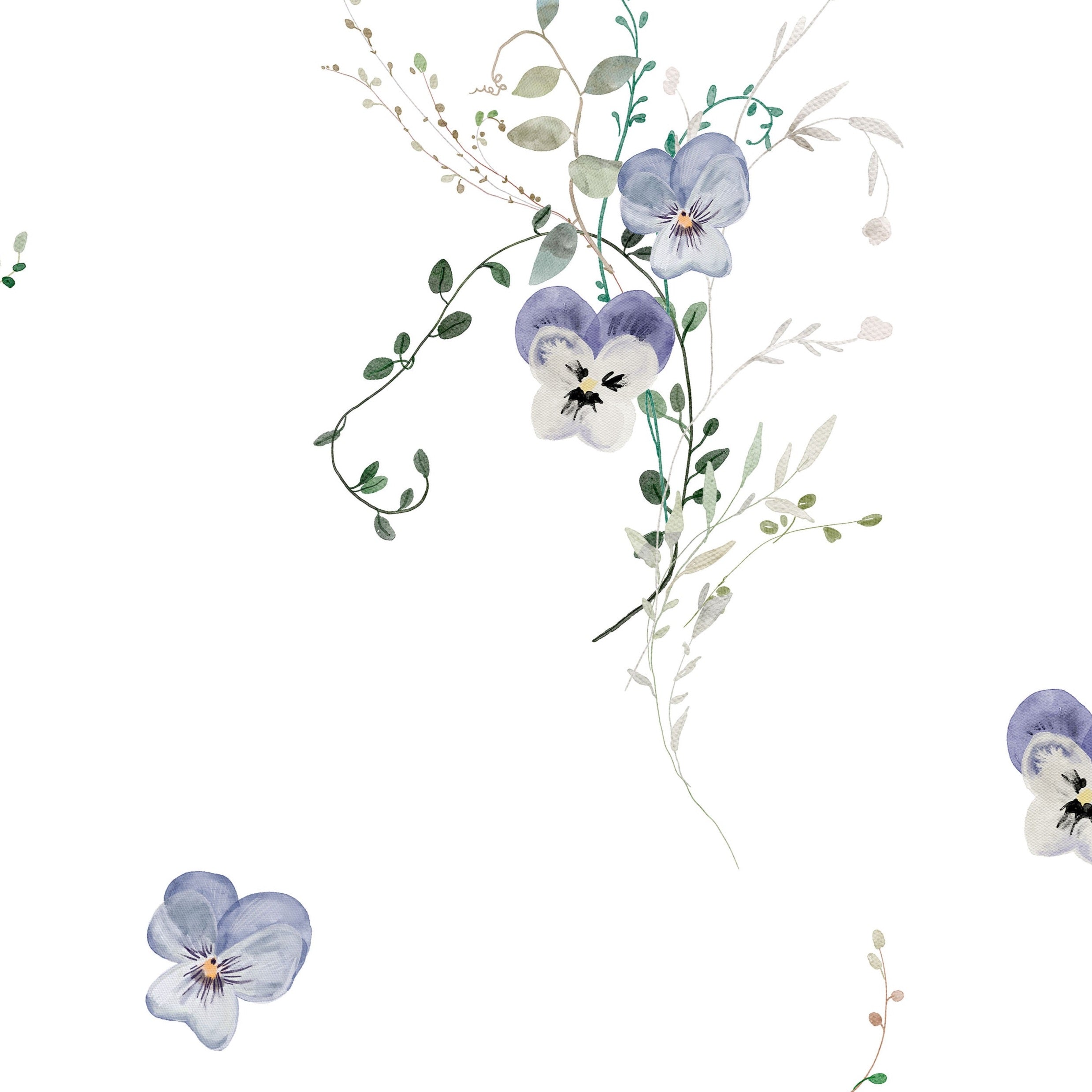 A close-up view of the Delicate Blue Wildflower Wallpaper, showcasing its intricate pattern of blue wildflowers and greenery. The design provides a whimsical and airy feel, perfect for creating a calming sanctuary in any room.